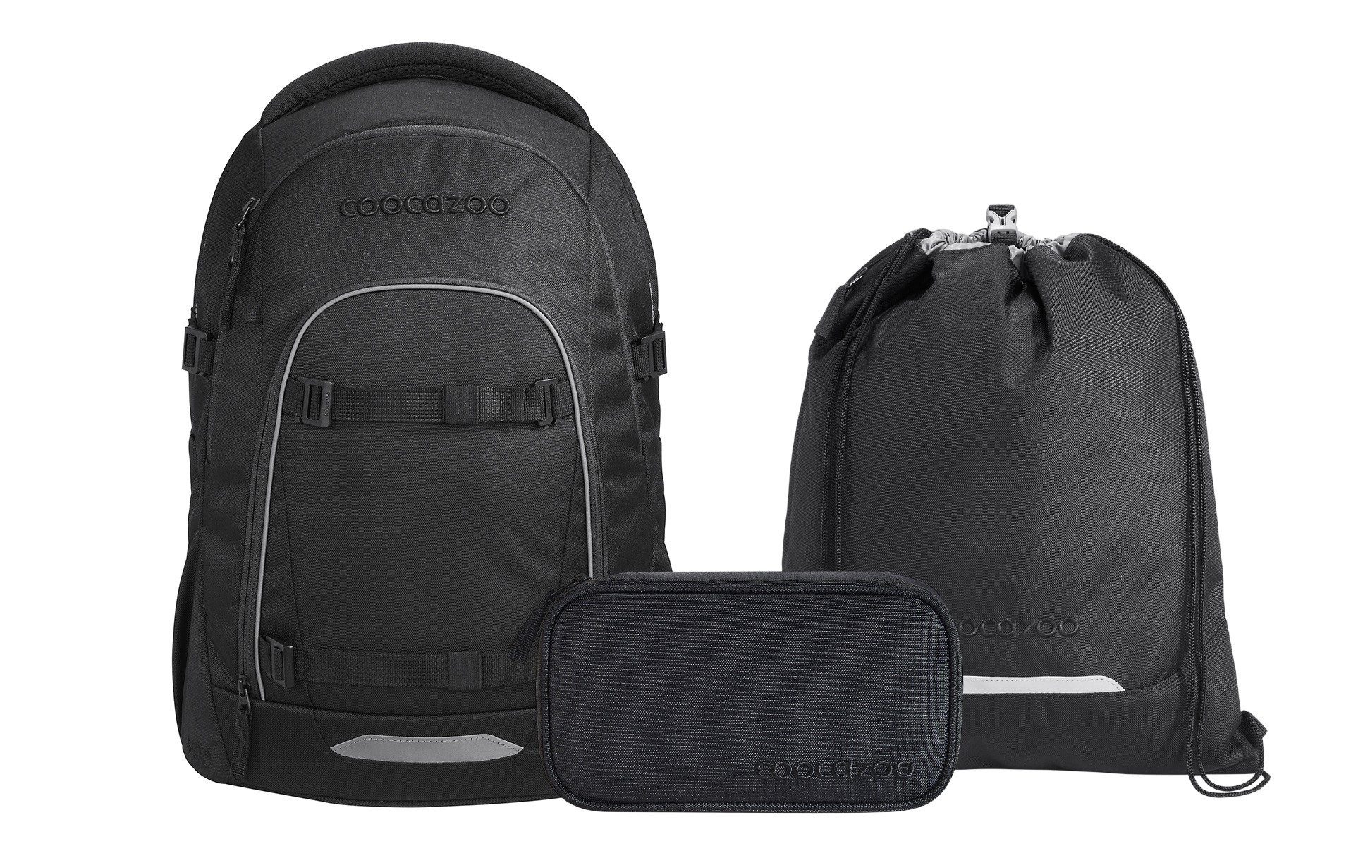 coocazoo Schulranzen Schulrucksack-Set MATE Black Coal 3-teilig (3-teilig), ergonomisch, Körpergröße: 135 - 180 cm, Easy-Grow-System