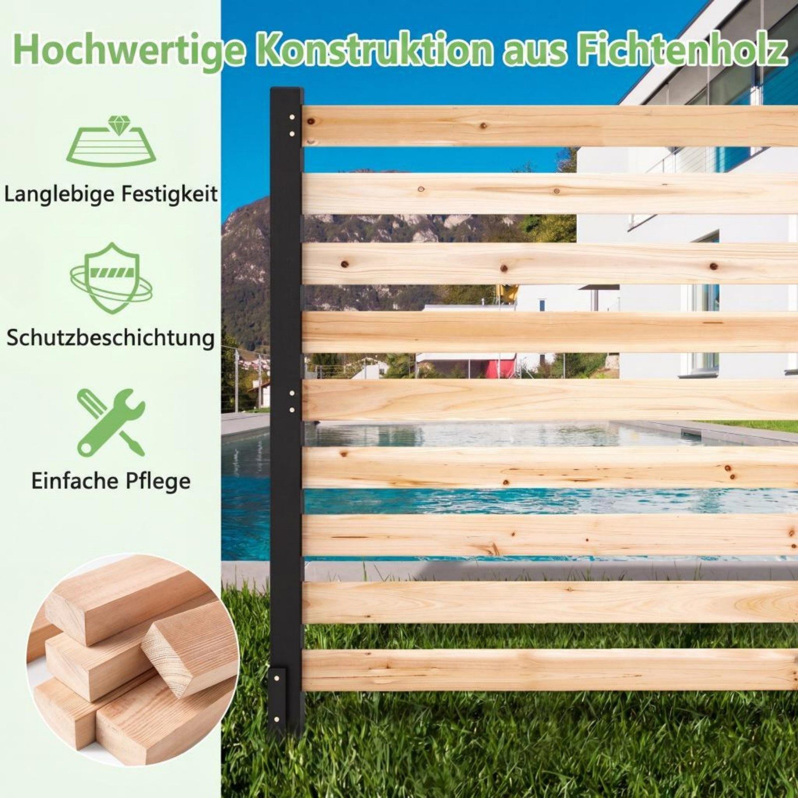 COSTWAY Gartenzaun, Sichtschutzzaun aus Holz, Lamellenzaun mit 4 Pfählen