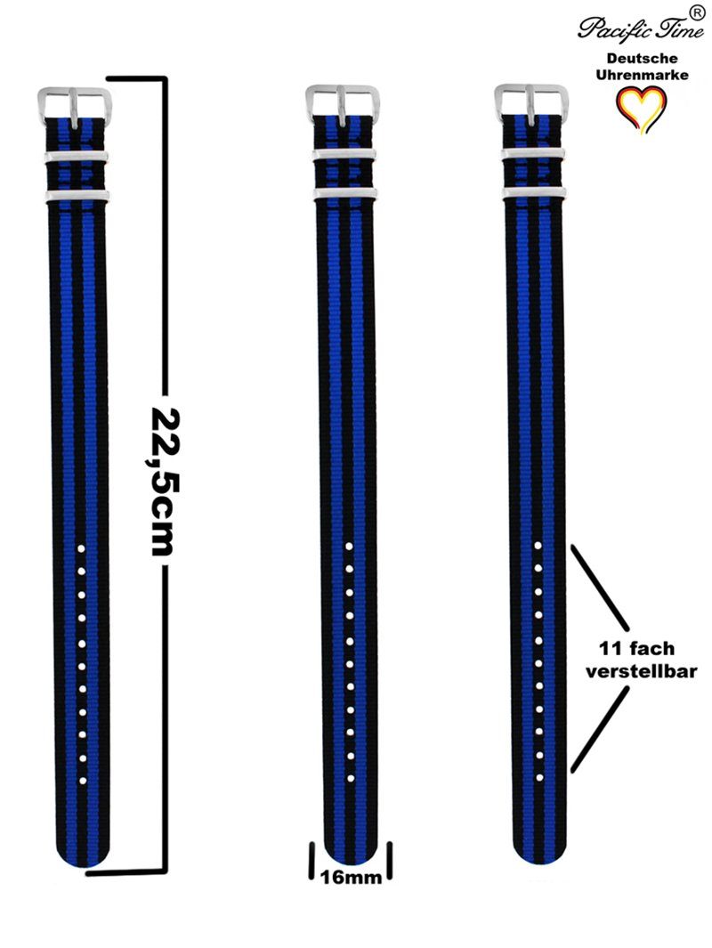 Pacific Time Uhrenarmband Wechselarmband Textil Versand 16mm, Nylon Gratis blau schwarz
