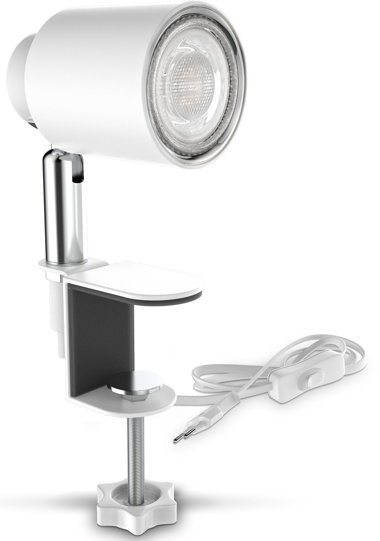 Warmweißes Leuchtmittel, LED inkl. wechselbar, B.K.Licht BK_KL1354 Warmweiß, Kippschalter, Schwenkbar, Klemmlampe mit GU10 Licht, Metall, Weiß Klemmleuchte LED 5W