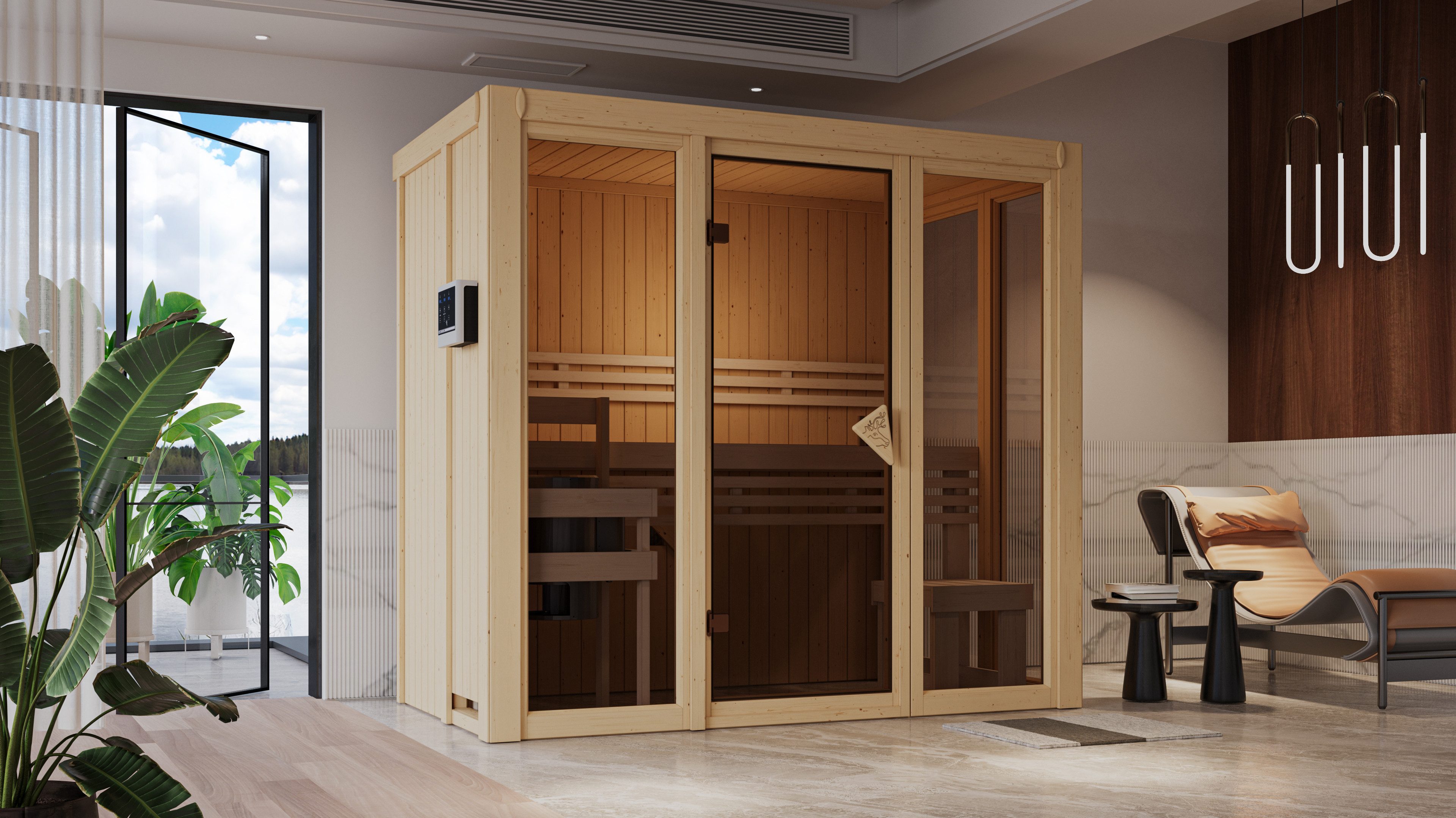 Karibu Sauna Vivi 2, BxTxH: 216 x 122 x 198 cm, 68 mm, (Set) Mit 3,6 kW Ofen und externe Steuerung easy