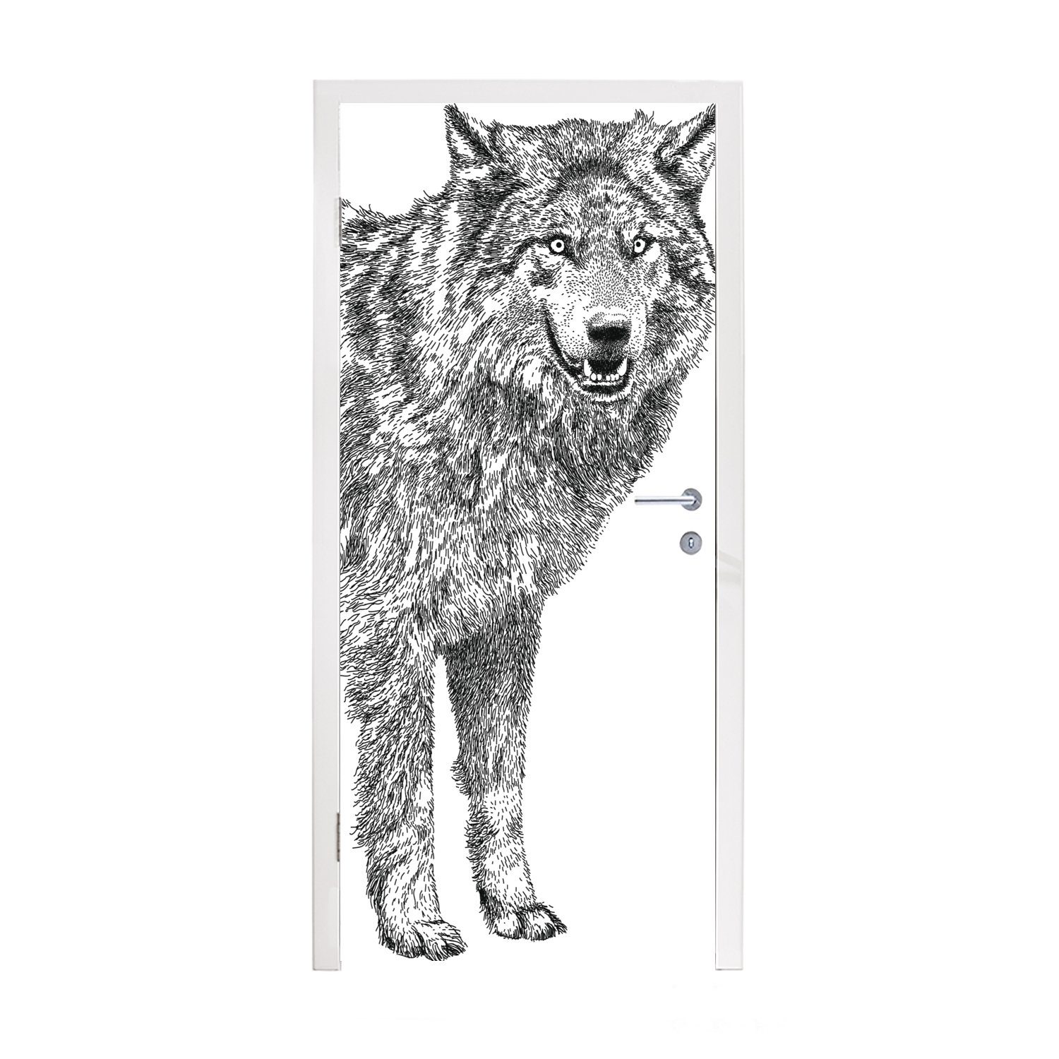 Wolf (1 Türtapete für - - Weiß 75x205 bedruckt, Skizze, Tür, Türaufkleber, St), MuchoWow Fototapete Matt, cm