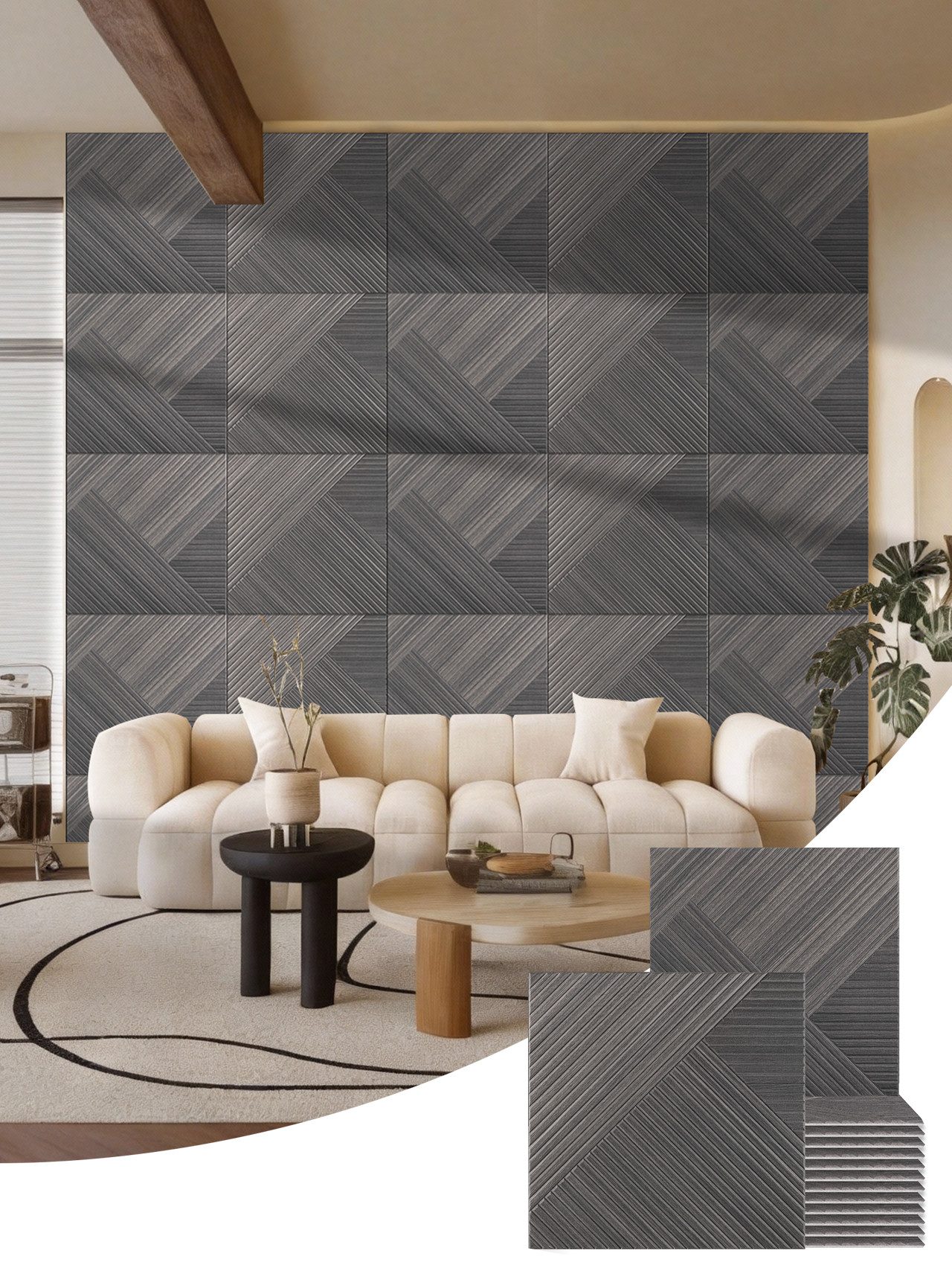 BUBOS Wandpaneel 4 Akustikpaneele selbstklebend für Wand und Decke, BxL: 60x60 cm, 0,36 qm, (4-tlg) Schallschutzpaneele, Wanddekoobjekt, 3D Wandverkleidung