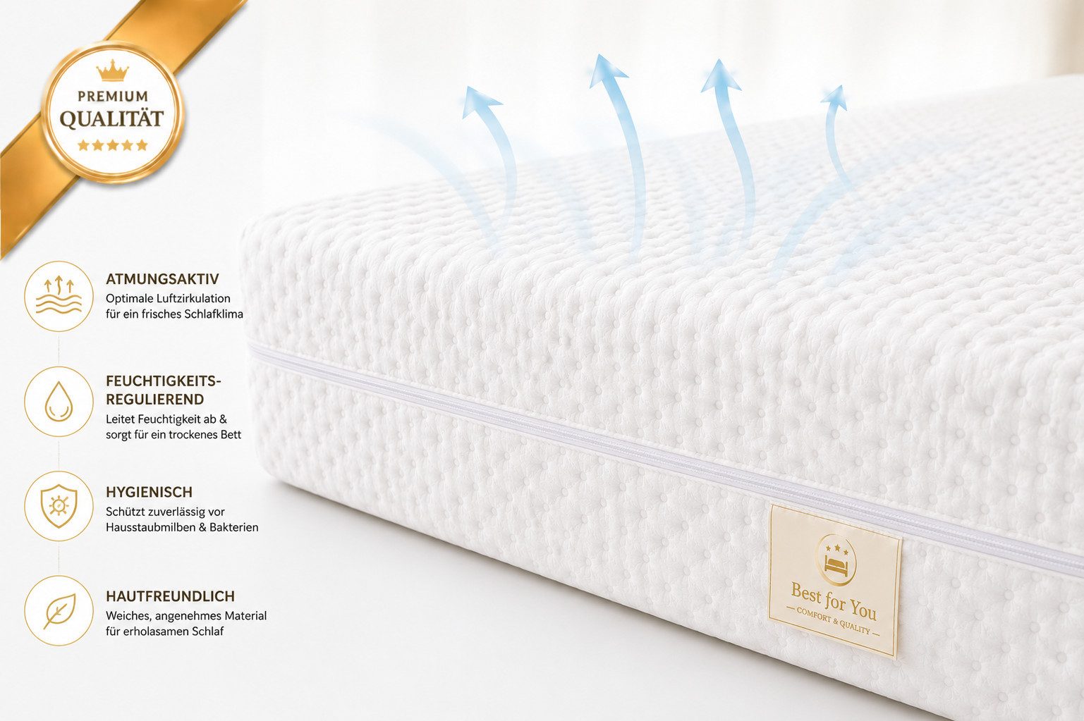 Matratzenschutzbezug Matratzenbezug ab 10 - 25 cm mit Reißverschluss – Allergiker Baumwolle Best for You, Atmungsaktiv, hautfreundlich, allergikergeeignet, waschbar bis 60°C