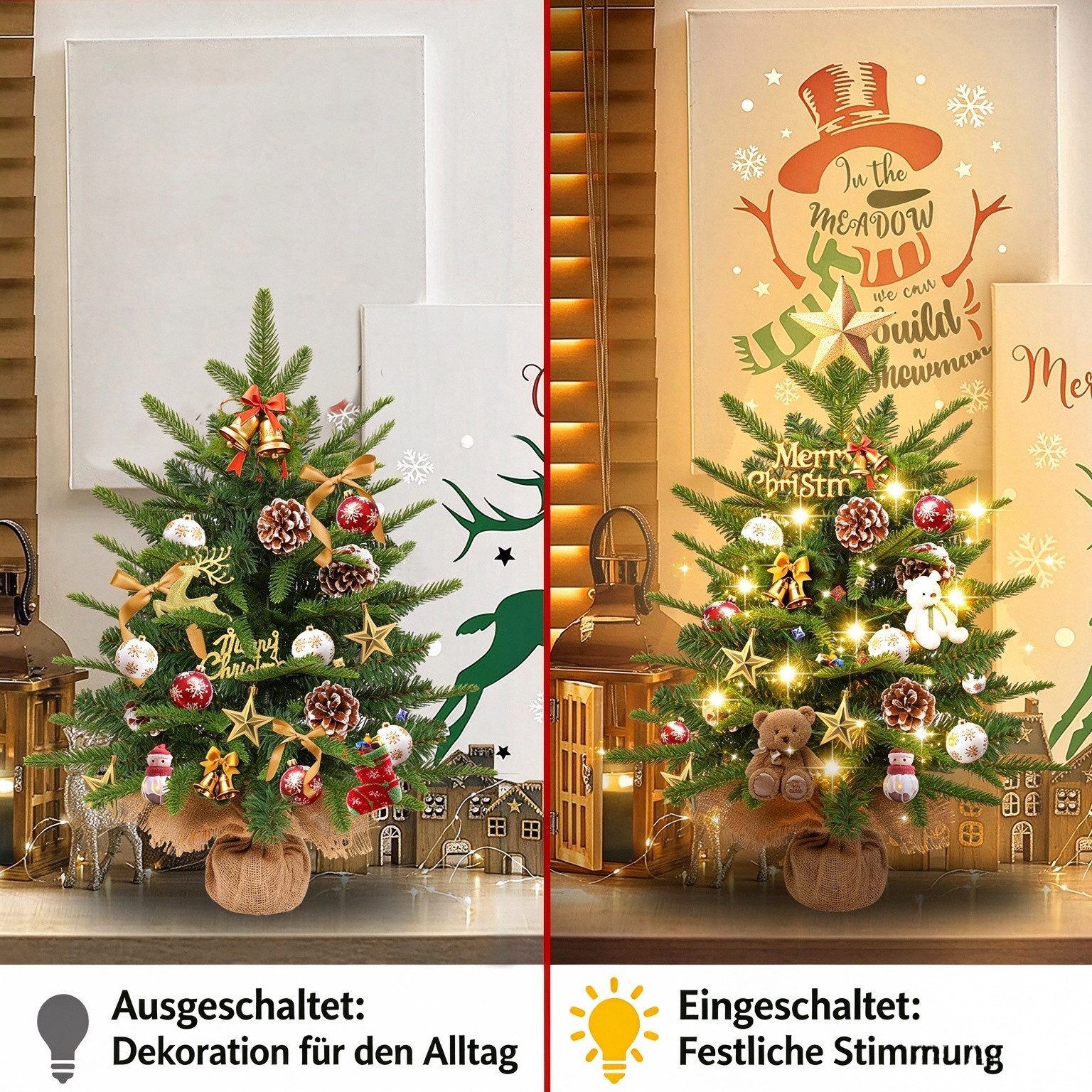 FIVMEN Künstlicher Weihnachtsbaum 60cm Höhe Tischchristbaum Weihnachtsdekobaum mit LED Lichterkette, Klein Christbaum Tannenbau mit Batteriebox und Basis – Bild 3 von 5