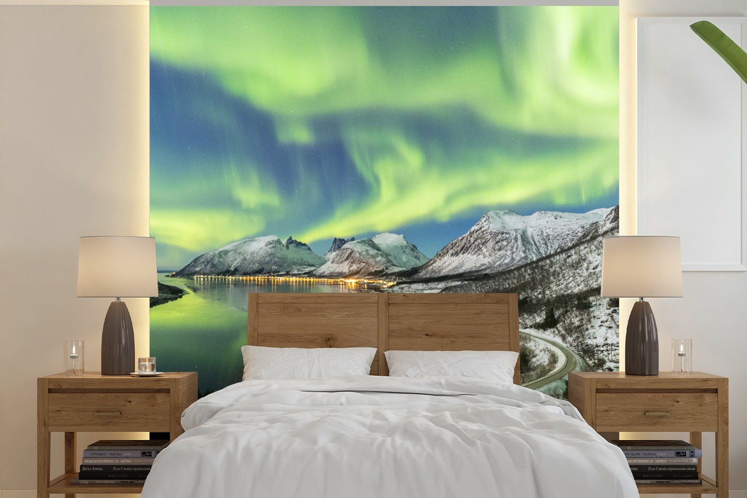 MuchoWow - Fjord Küche, Fototapete - (4 Matt, Vliestapete bedruckt, Schlafzimmer Norwegen, für St), Nordlichter Wohnzimmer Fototapete