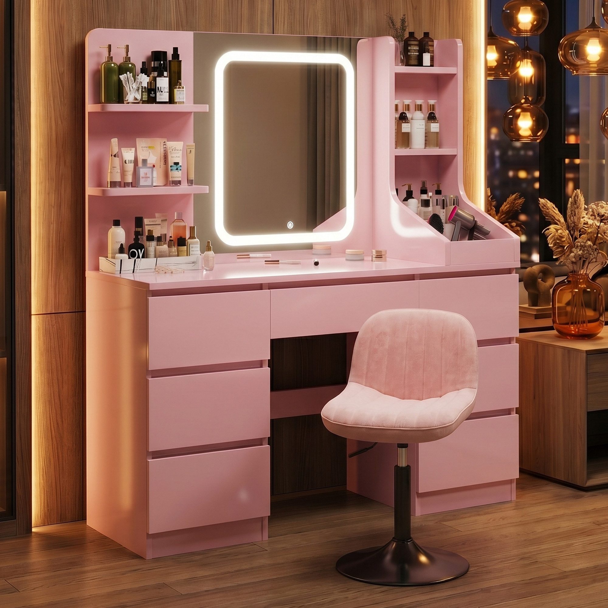HOMALL Schminktisch Set aus Schminktisch und Hocker, mit LED-Beleuchtung (Maße: 110 x 40 x 139 cm, dimmbare Beleuchtung, inklusive Hocker und Schminktisch, mit 7 Schubladen und 8 offenen Fächern)