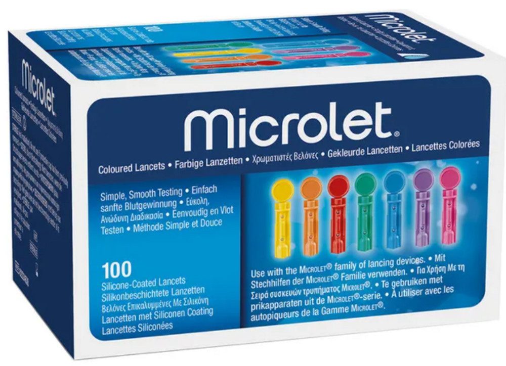 Ascensia Diabetes Care Lanzetten Microlet Lanzetten bunt, Spar-Set, farbige und sterile Lanzetten, 100 tlg., schmerzarme Blutgewinnung