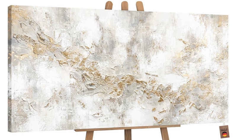 YS-Art Gemälde Geschichte, Abstrakte Bilder, Leinwand Bild Handgemalt Gold Weiß Beige Gelb