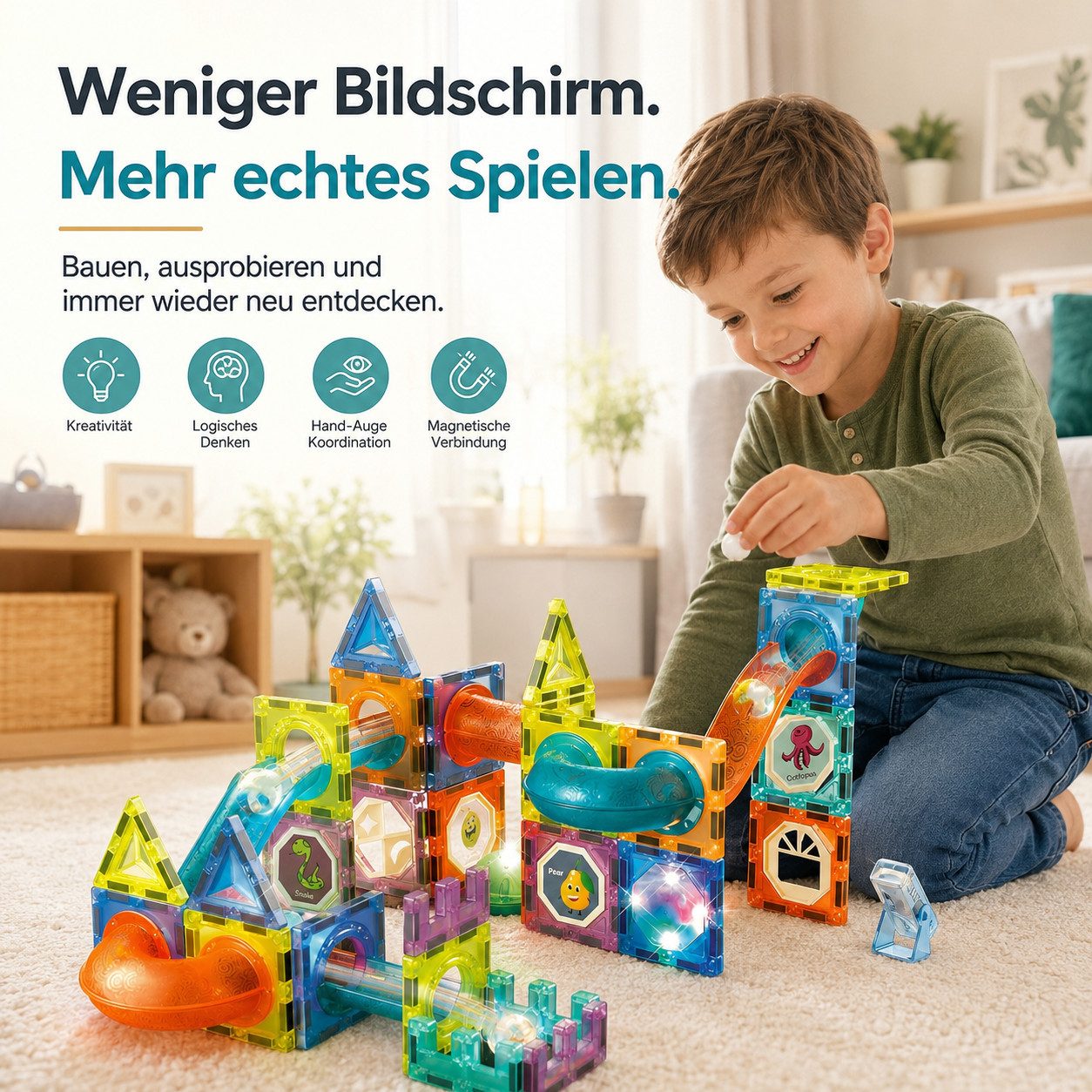 Goldstern-Tech 75- oder 110-teilig LightCube Magnetspielbausteine, (kreatives Spielset, 75 St., Kombiniertes Bau- und Kugelbahnsystem), STEM-Konstruktionsspiel für kreatives 2D- & 3D-Bauen