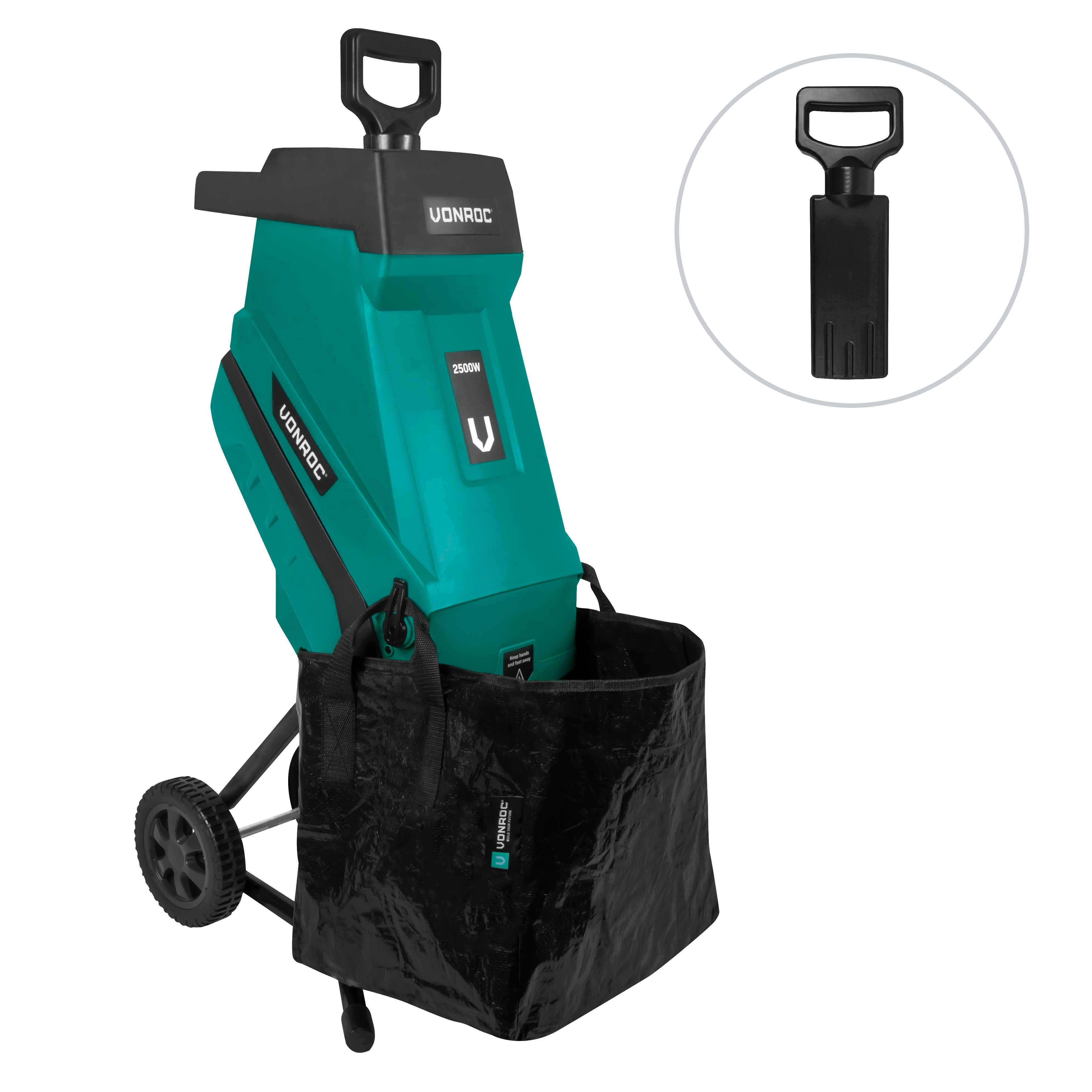 VONROC Häcksler elektrisch für Äste bis zu, 4,5 cm max. Astdurchmesser, (SET, Je nach Set mit 2500W oder 2800W), Gartenhäcksler Maschine mit Auffangsack