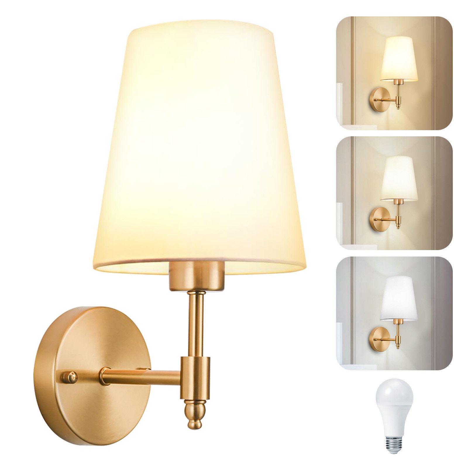 Lapalife Wandleuchte Wandlampe Innen Gold Vintage, mit Weißem Stoffschirm, 4W LED Birne, LED wechselbar, für Schlafzimmer Wohnzimmer Flur Treppenhaus Badezimmer
