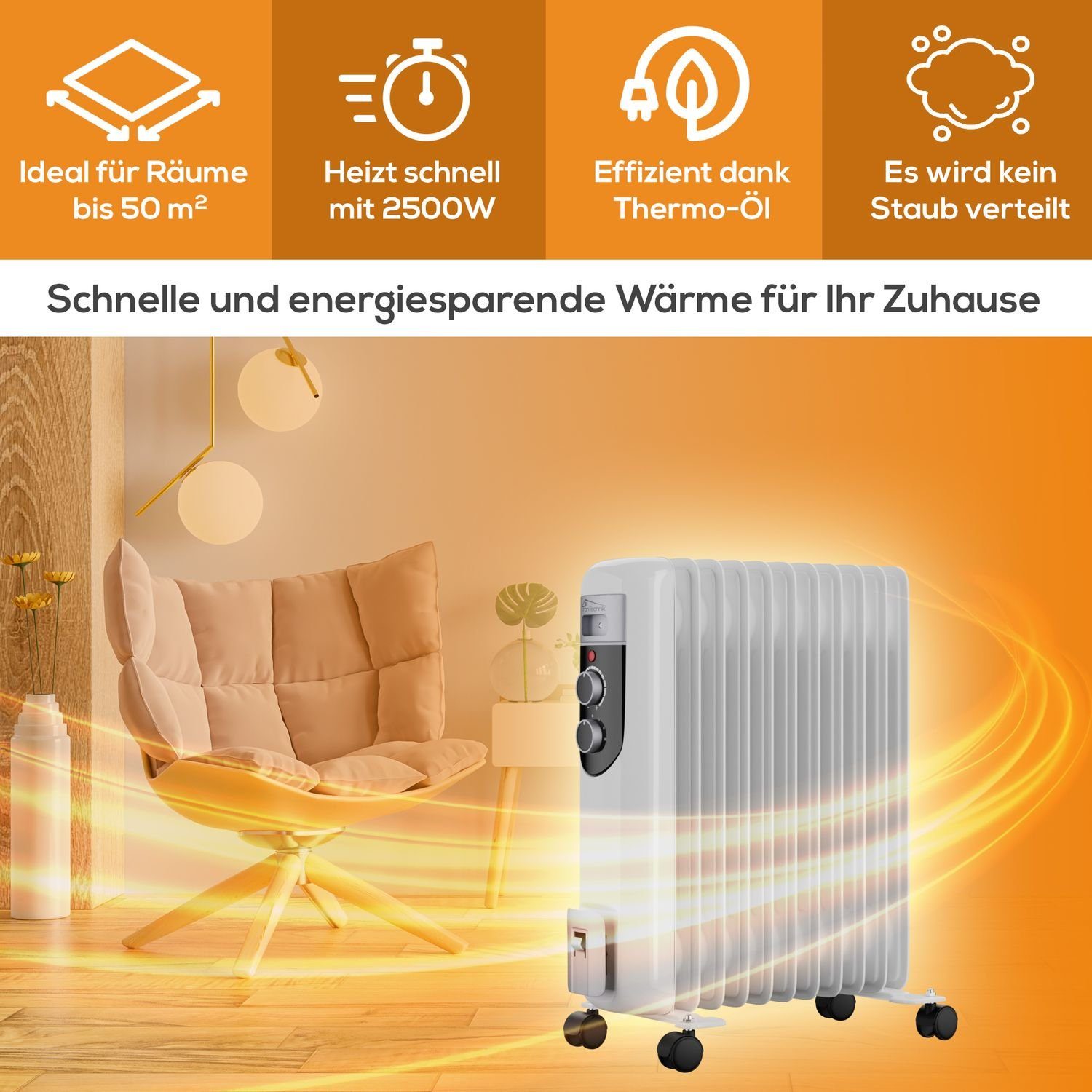 TroniTechnik Heizgerät Ölradiator Mobile Elektroheizung 7 Rippen, 1500Watt, 2500 W, energiesparend, Elektroheizung, 2500Watt