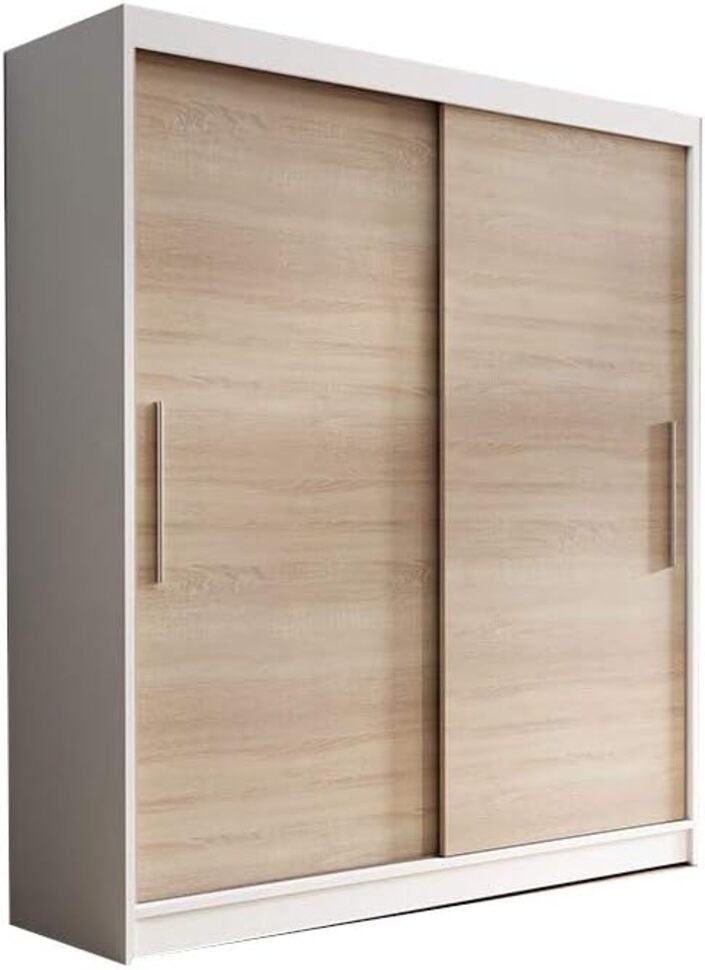 MOEBLO Kleiderschrank LARA 04 (Schwebetürenschrank 2-türig Schrank mit vielen Einlegeböden und Kleiderstange, Gaderobe Schiebtüren Schlafzimmer-Wohnzimmerschrank Modern Design) (BxHxT): 150x200x61 cm Weiß + Sonoma