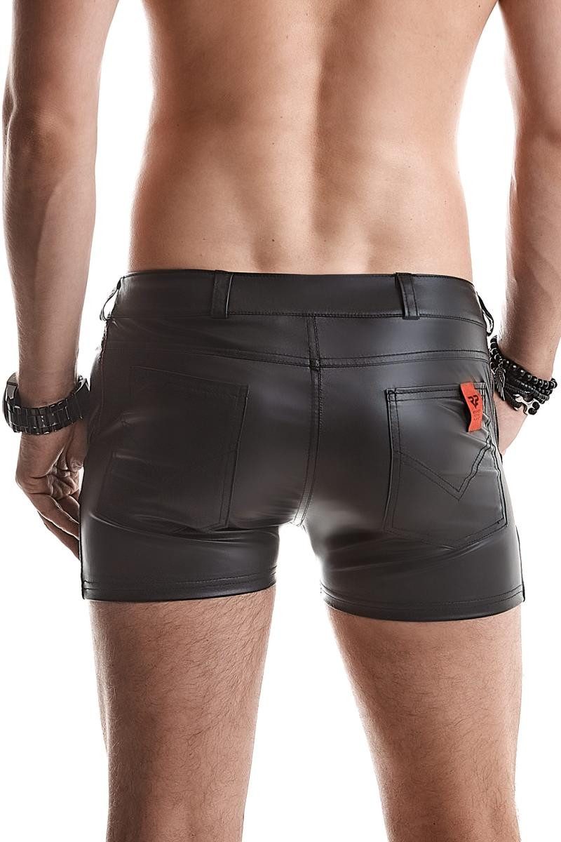 Regnes Fetish Planet Lederimitathose Herren wetlook Shorts schwarz elastisch mit Taschen kurze Männer Hose