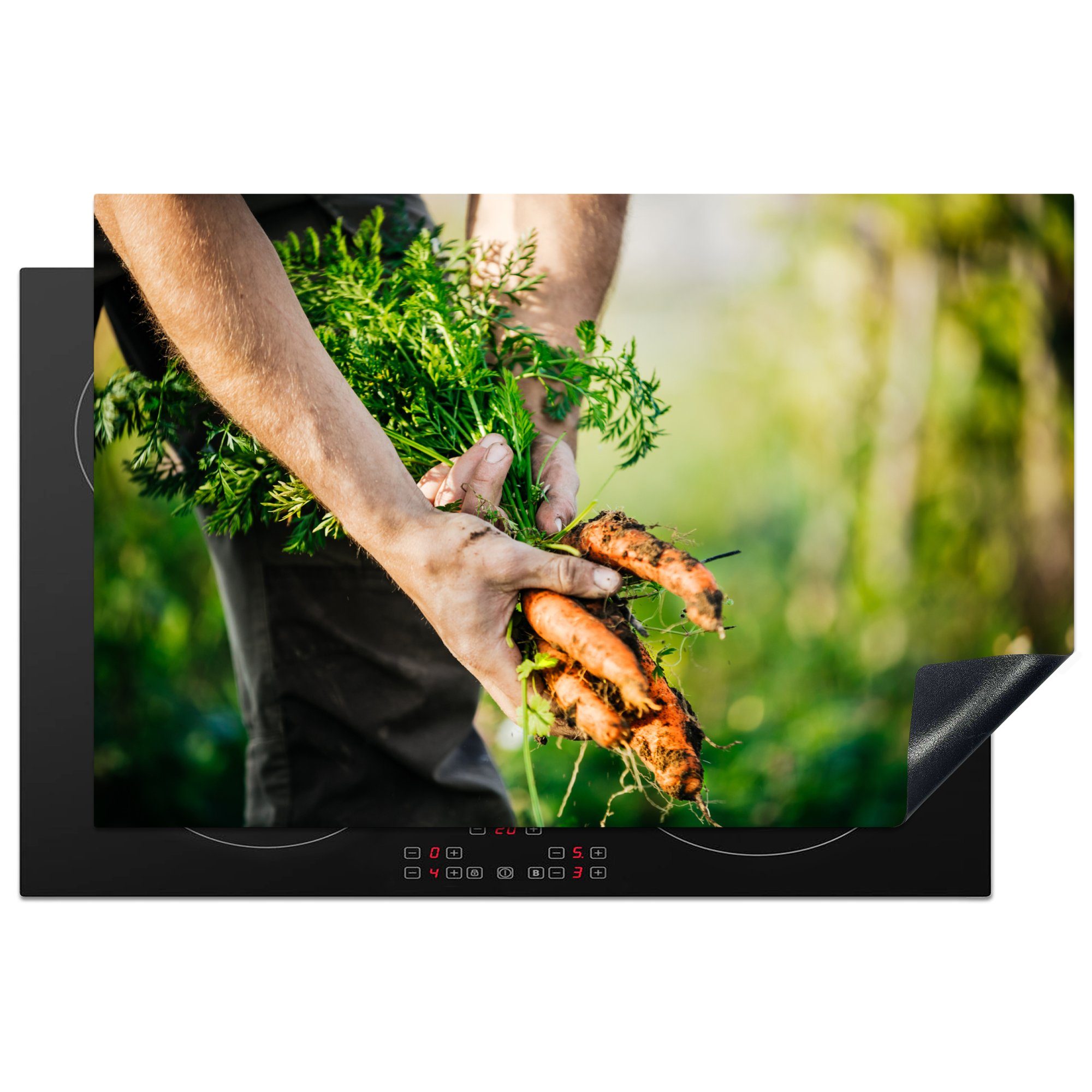 MuchoWow Herdblende-/Abdeckplatte Nahaufnahme eines Bauern bei der Gemüseernte, Vinyl, (1 tlg), 81x52 cm, Induktionskochfeld Schutz für die küche, Ceranfeldabdeckung