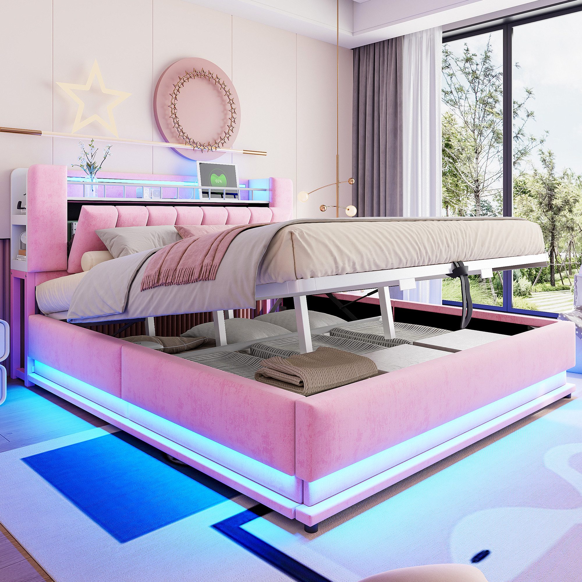 Merax Polsterbett mit LED-Beleuchtung und USB-Anschluss (Metalllattenrahmen & Samtbezug, 1-tlg., Kinderbett Einzelbett Mehrzweckbett Stauraumbett), Doppelbett 180×200cm mit hydraulischem Stauraum & Kopfteilfach, Samt