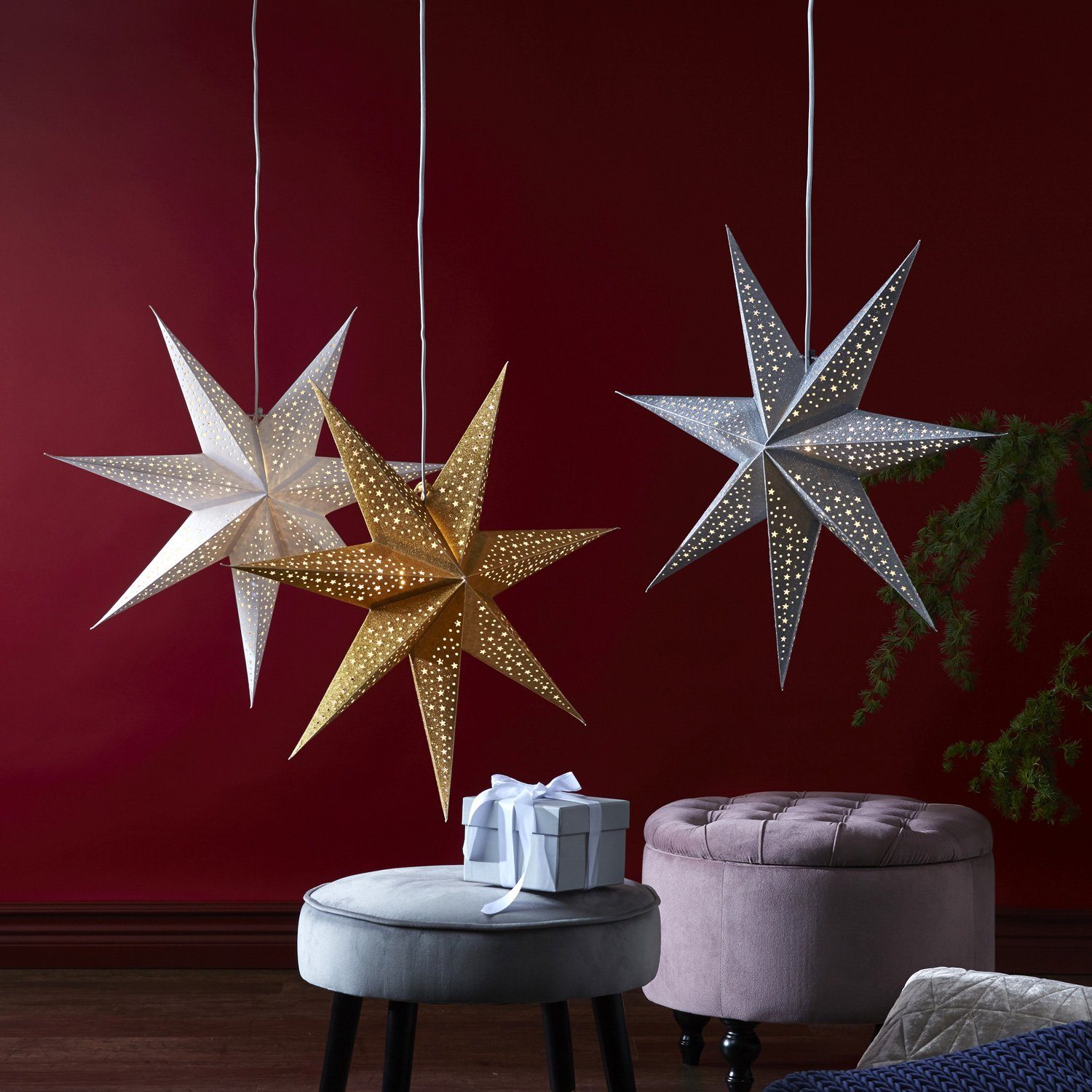 STAR TRADING LED Leuchtstern Papierstern hängend Stern silber Weihnachtsstern 7-zackig 60cm