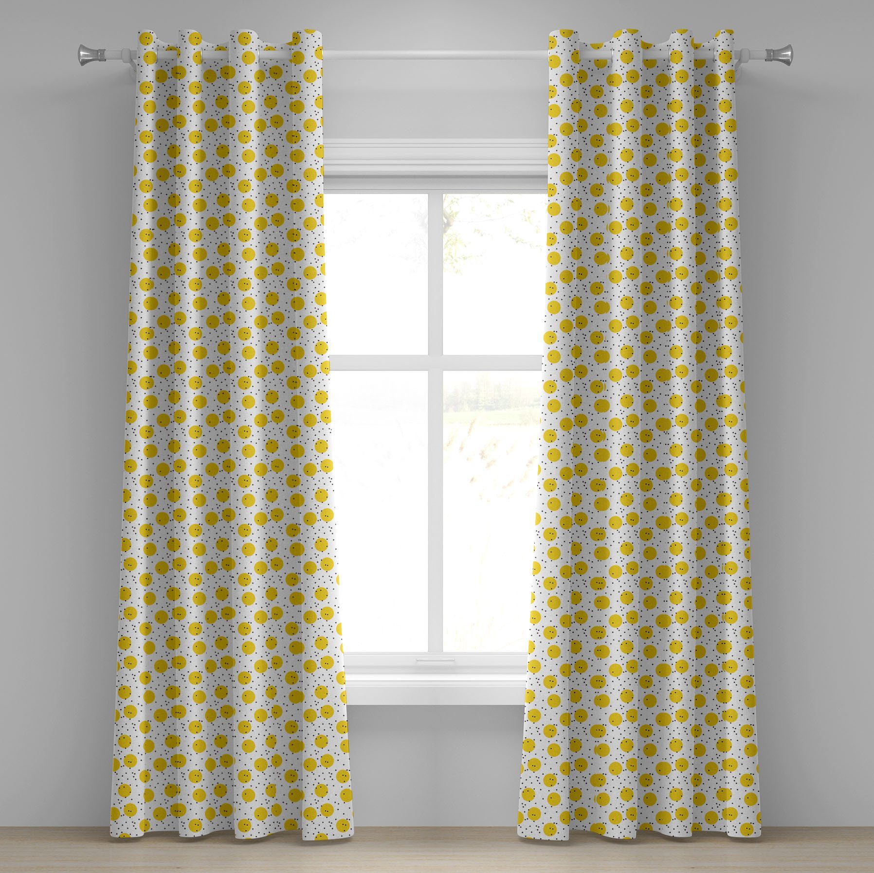 Gardine Dekorative 2-Panel-Fenstervorhänge für Schlafzimmer Wohnzimmer, Abakuhaus, Gelb und Weiß große Kreise | Fertiggardinen