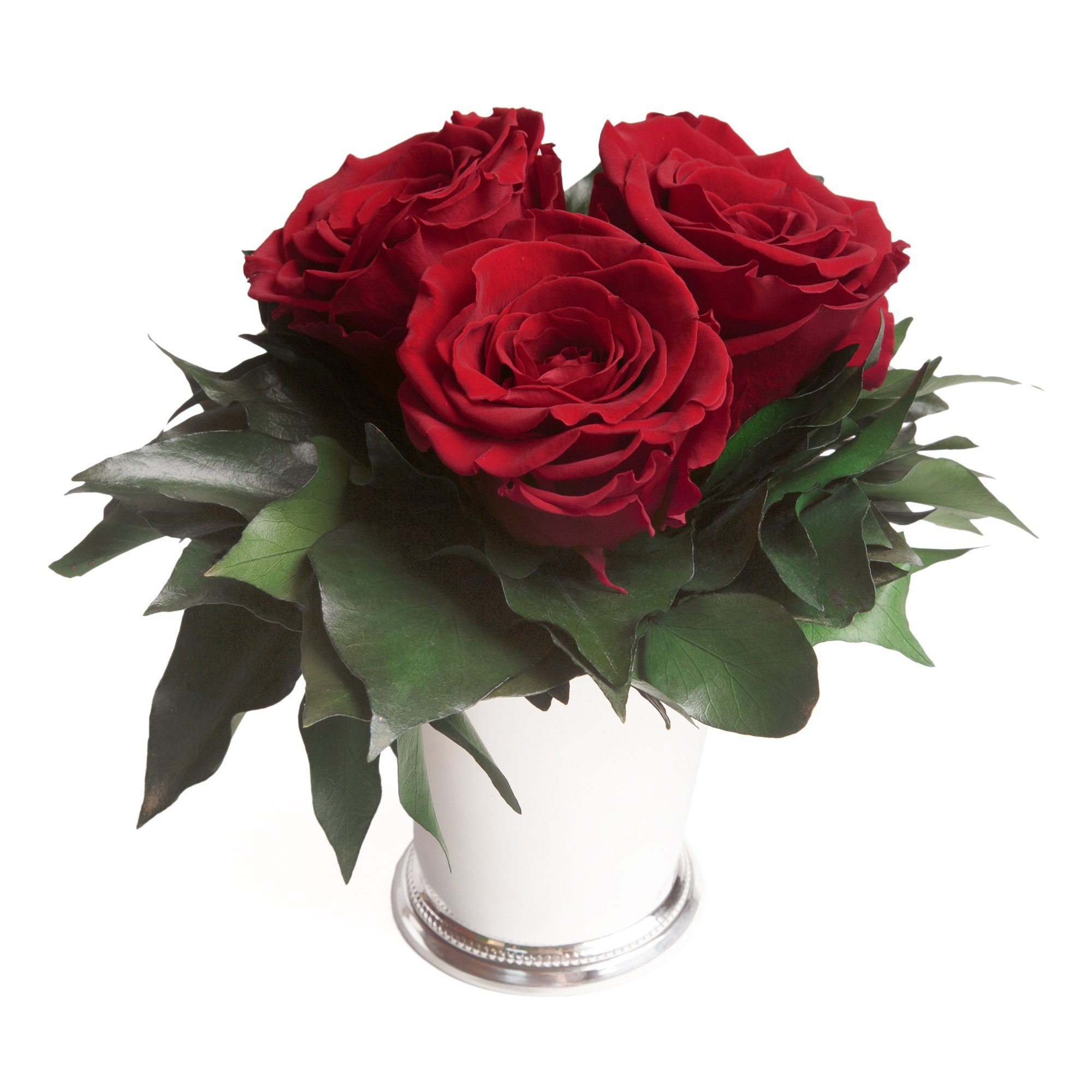 Kunstorchidee 3 ROSEMARIE Rosen Wohnzimmer Blumenstrauß 15 cm, silberfarbene 3 Infinity bis Rose zu SCHULZ haltbar Burgundy Jahre Deko Vase Rose, Höhe Heidelberg