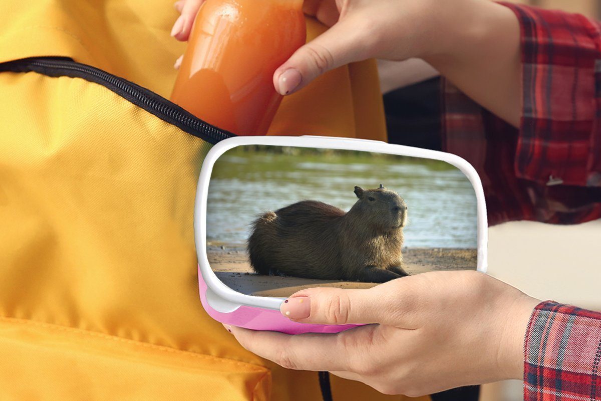 MuchoWow Lunchbox Am Mädchen, für Brotdose Kunststoff, Wasserschwein, liegendes Wasser (2-tlg), Snackbox, rosa Kinder, Kunststoff Brotbox Erwachsene