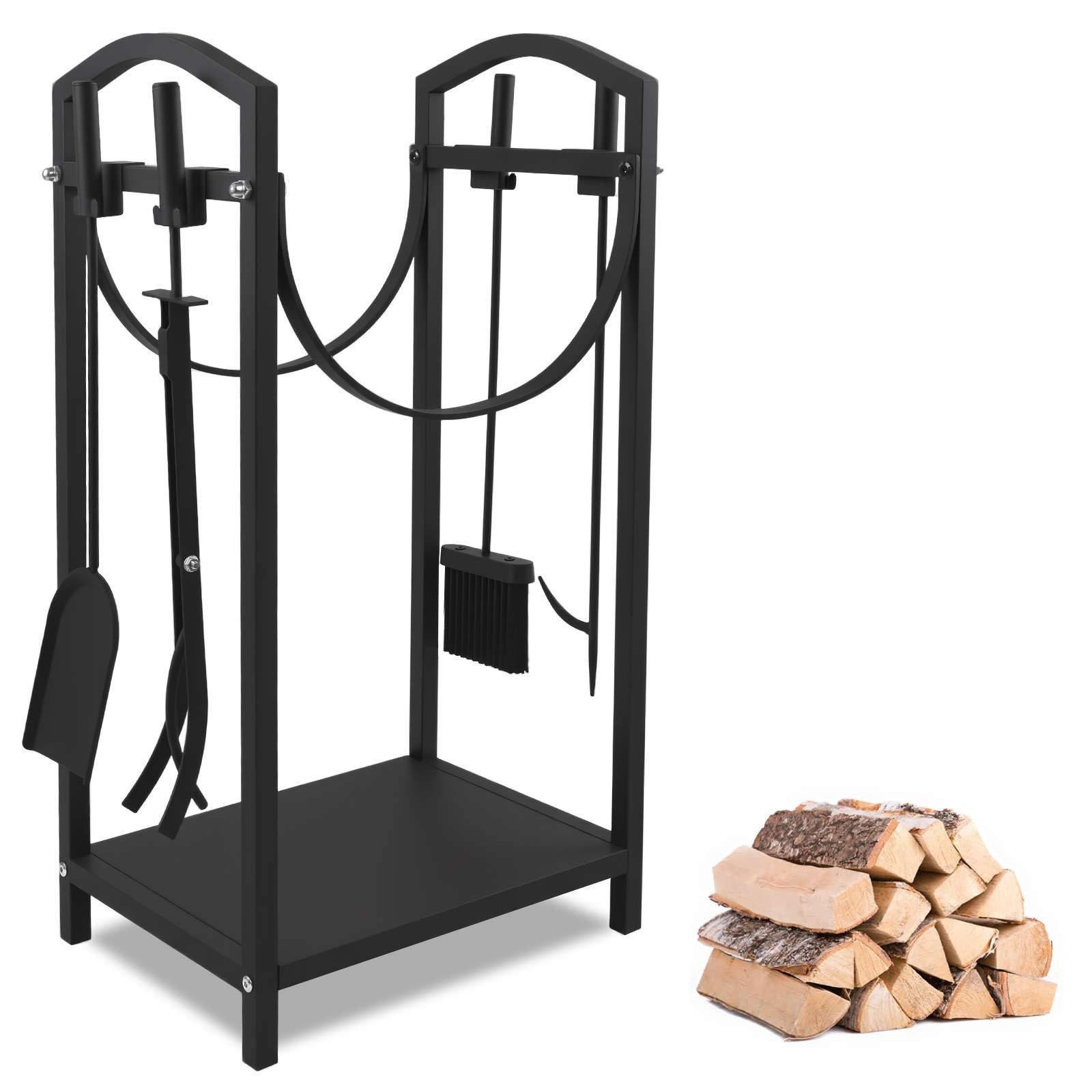 BBWL Kaminholzregal kompakter Brennholzständer mit 4-tlg Werkzeugset für Kamin & Ofen, BxTxH:40x30x75 cm, Kaminholzregal Set aus Metall mit Kaminbesteck