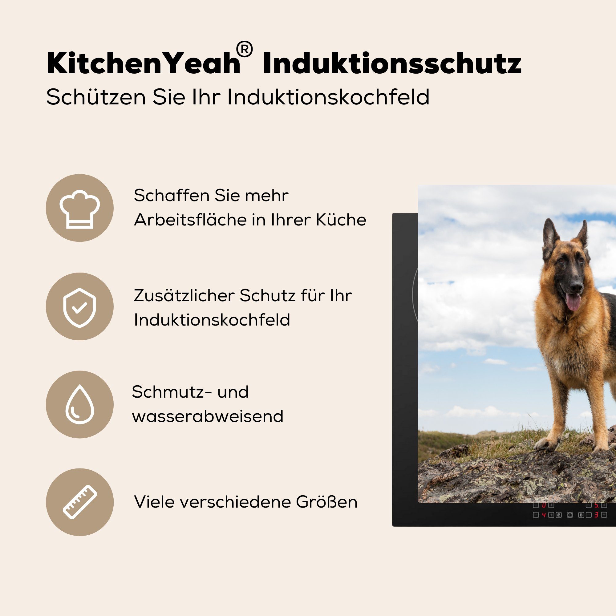 MuchoWow Herdblende-/Abdeckplatte Deutscher Schäferhund auf tlg), küche, Vinyl, (1 Ceranfeldabdeckung cm, 59x52 Induktionsmatte Berg, für einem die