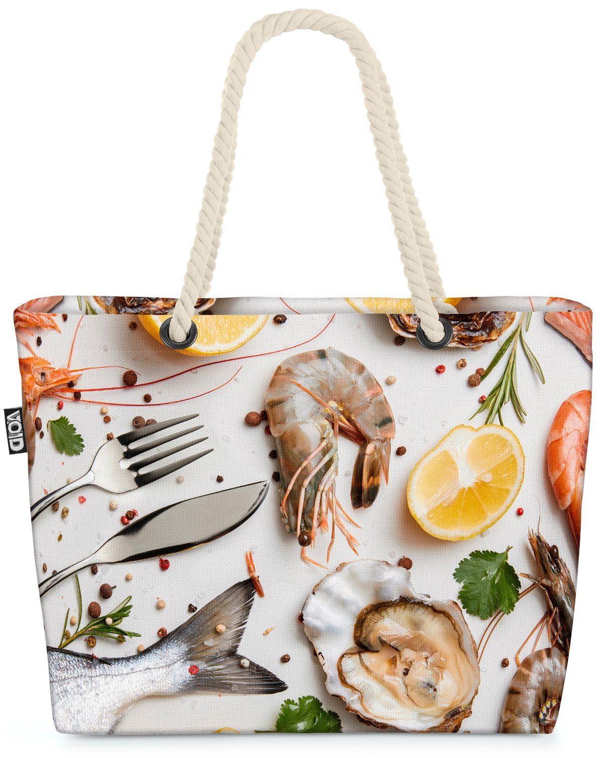 VOID Strandtasche (1-tlg), Fisch Muscheln Shrimps Fisch Besteck Essen Roh Italien Meeresfrüchte