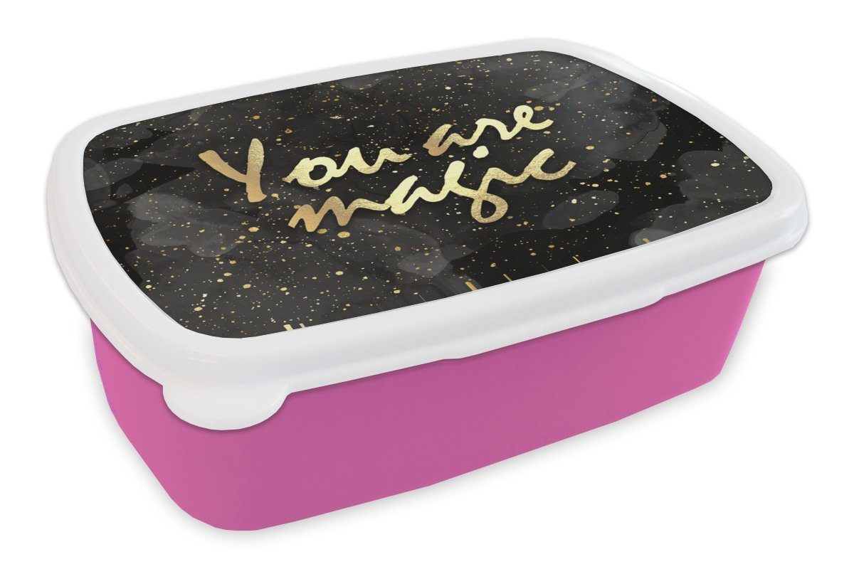 MuchoWow Lunchbox Zitate - Magie - Gold - Schwarz, Kunststoff, (2-tlg), Brotbox für Erwachsene, Brotdose Kinder, Snackbox, Mädchen, Kunststoff rosa