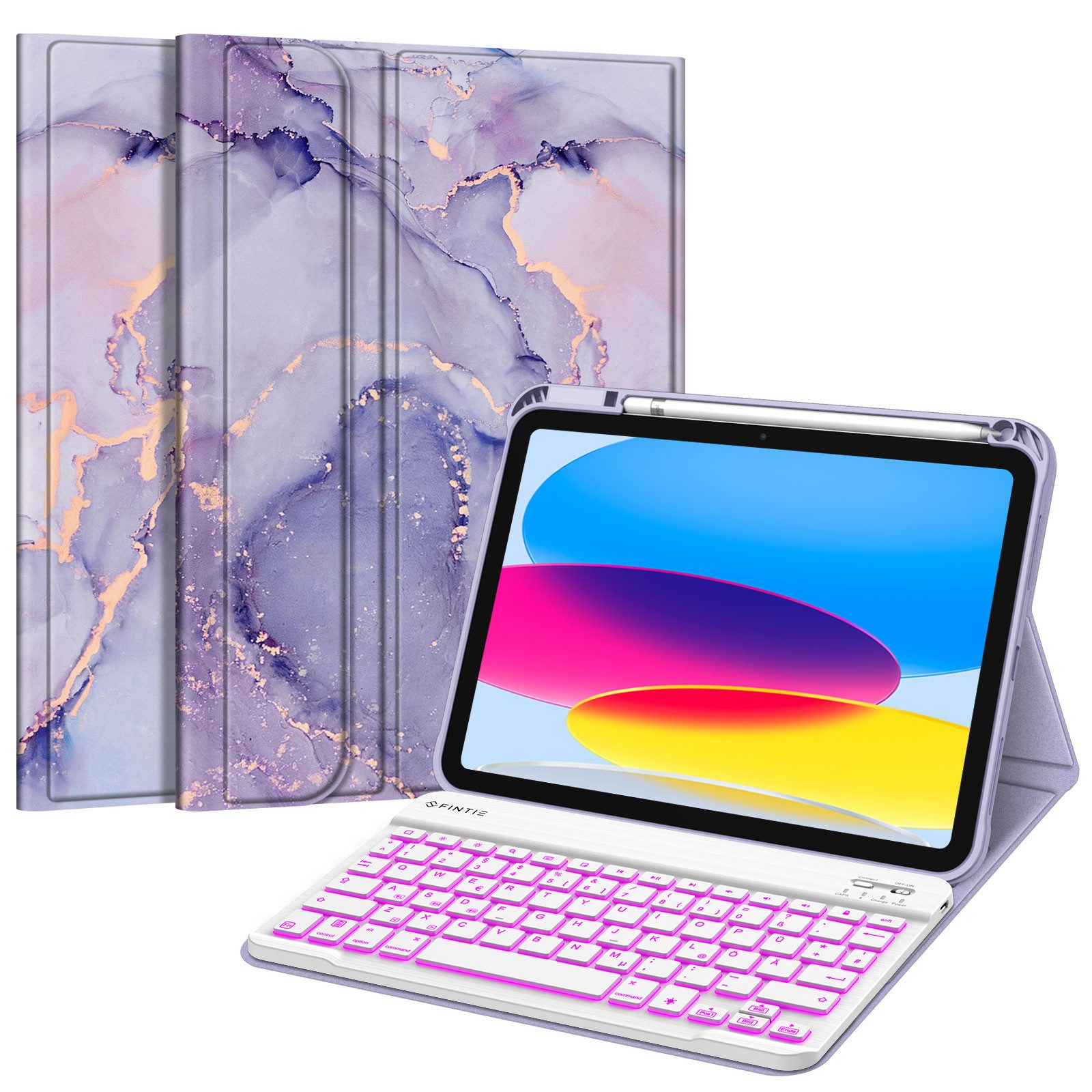 Fintie Tablet-Hülle mit Tastatur für iPad 11 Generation 2025 11'', iPad 10 Gen 2022 10.9'' 11 Zoll/10.9 Zoll, 7-farbige Hintergrundbeleuchtung, Magnetische Bluetooth-Keyboard
