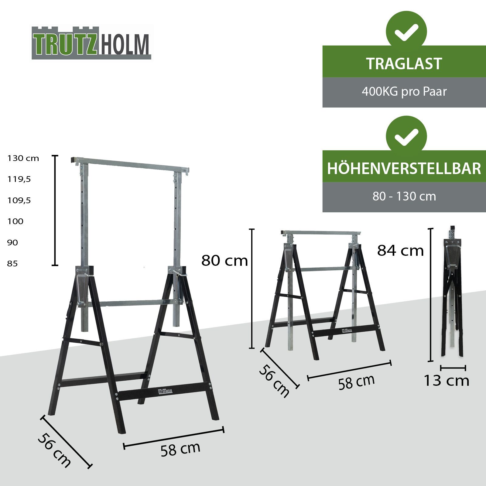 TRUTZHOLM Klappbock 2x Gerüstbock Unterstellbock Klappbock Gerüst Stützbock 400 kg, (Set), 7-fach höhenverstellbar
