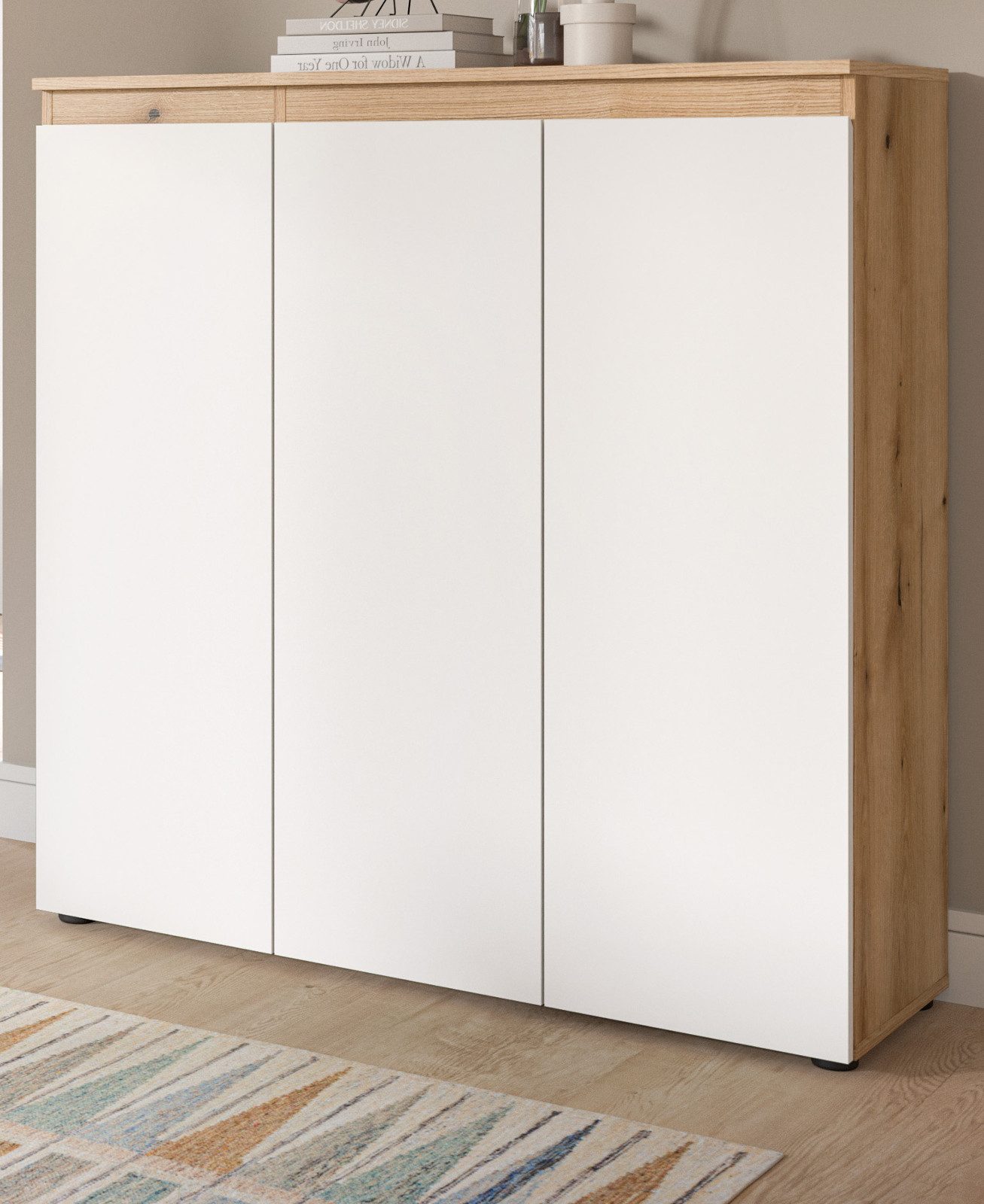 Inn.Furn Kombikommode Assino (Hohe Mehrzweck Kommode in Eiche mit Weiß, 3-türig, 105 x 111 cm), variabel einrichtbar, bis zu 10 Fächer