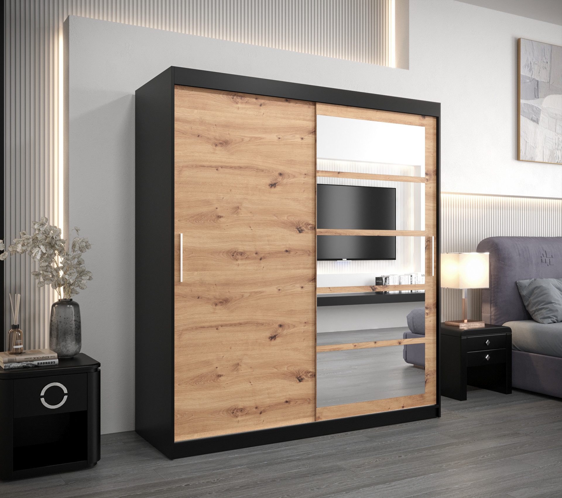 ABIKS MÖBEL Schwebetürenschrank Roma 1 Schlafzimmerschrank - mit Spiegel, Kleiderstange, Regalen