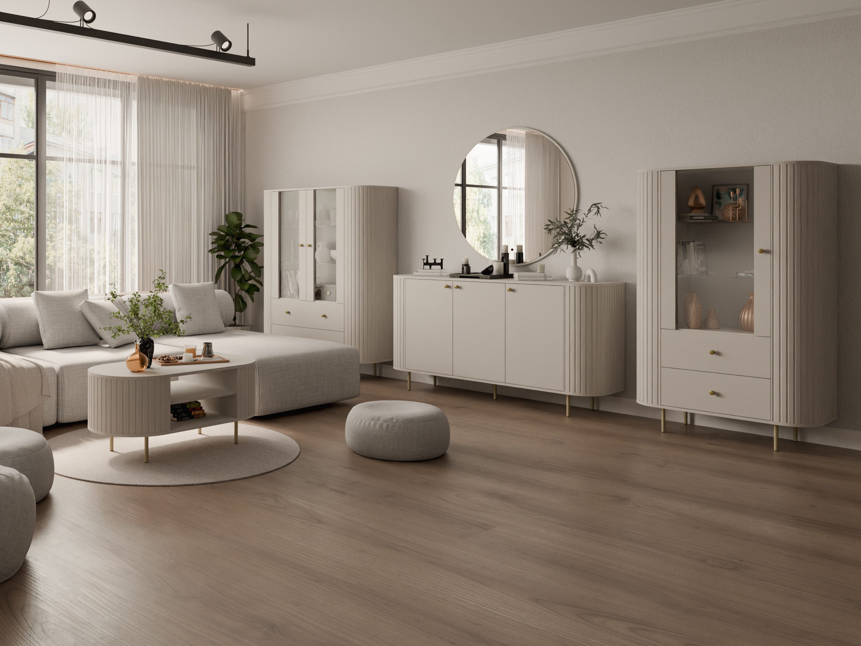 Compleo Standvitrine mit 2 Schubladen und Türen ZANTO Elegant design TOPSELLER Eiche cremona oder Beige