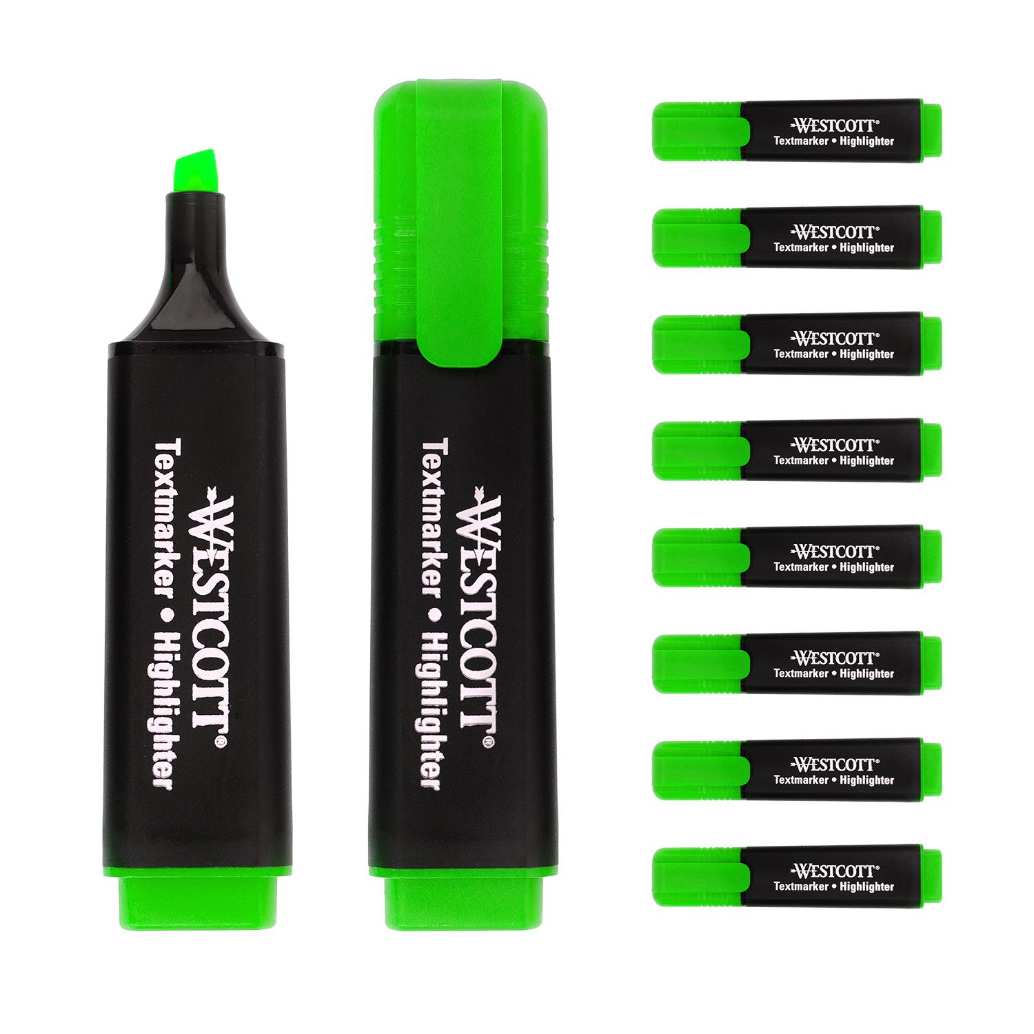 WESTCOTT Маркеры Textmarker 10 Stück grün, Highlighter in leuchtendem Grün, (Vorteilspack, 10-tlg), 2-5 mm Strichstärke, Premium Tinte aus Deutschland