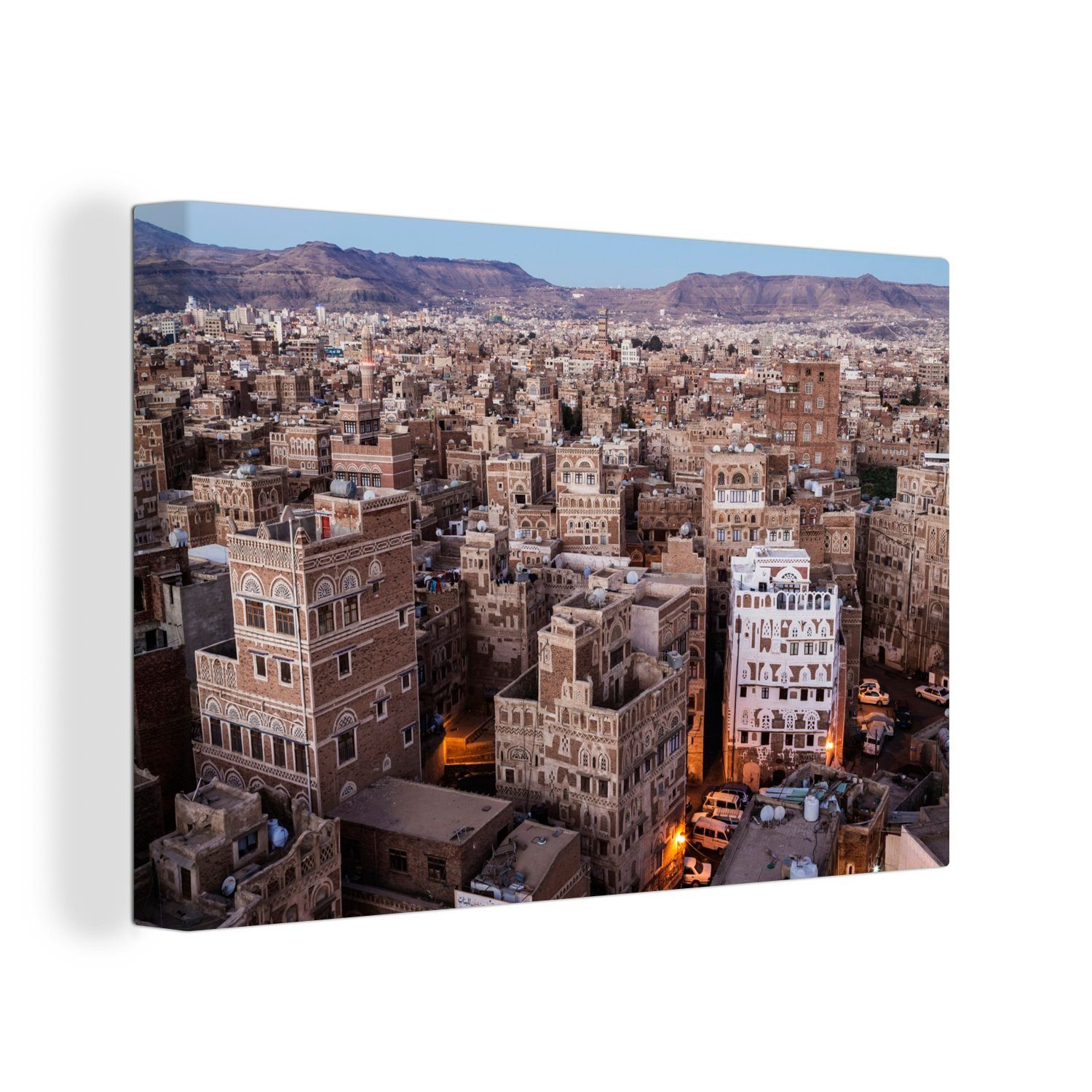 OneMillionCanvasses® Leinwandbild Sonnenaufgang über 30x20 Sanaa Stadtzentrum Wanddeko, Aufhängefertig, Leinwandbilder, St), dem im von cm Wandbild (1 Jemen