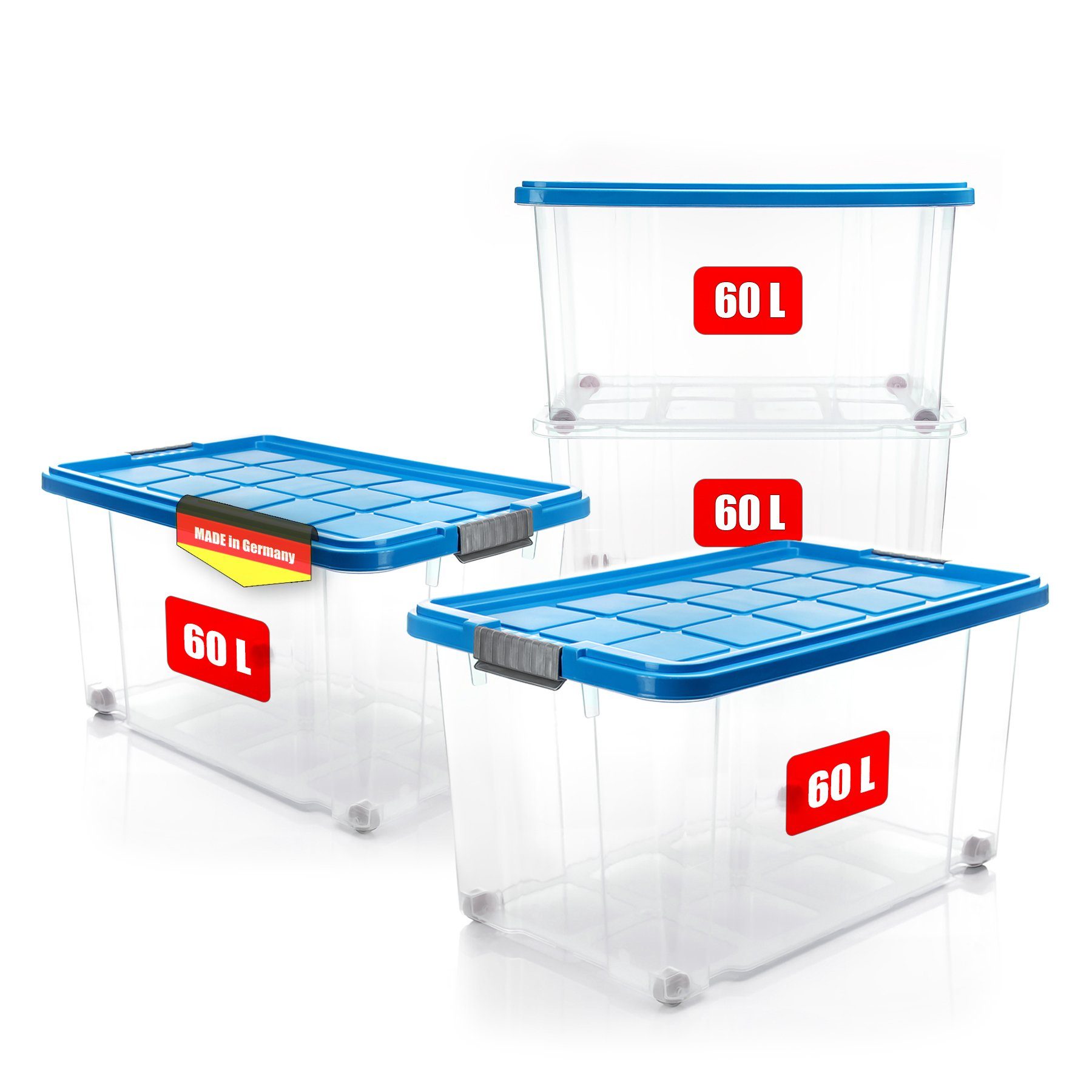 BigDean Aufbewahrungsbox 60 L mit Deckel groß – robuste Stapelbox rollbar mit Klickverschlüssen (Set, 4 St., Aufbewahrungsbox + Deckel + Rollen), Sicher Stapelbar, Platzsparend, Transparent, Rollen, Klickverschlüsse