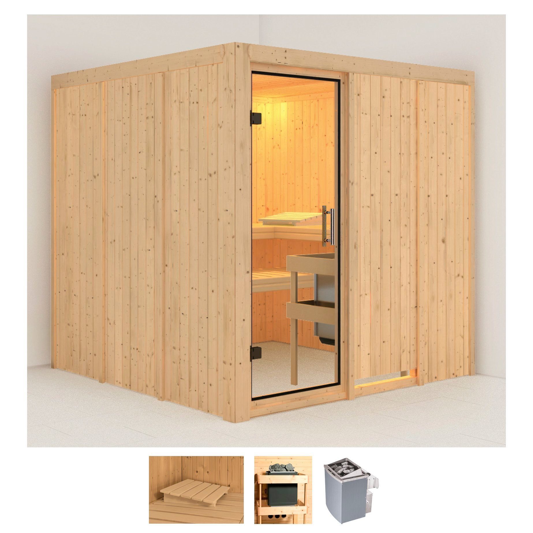 Karibu Sauna Rodin, BxTxH: 196 x 196 x 198 cm, 68 mm, (Set) Ofen 9 kW integr. Strg