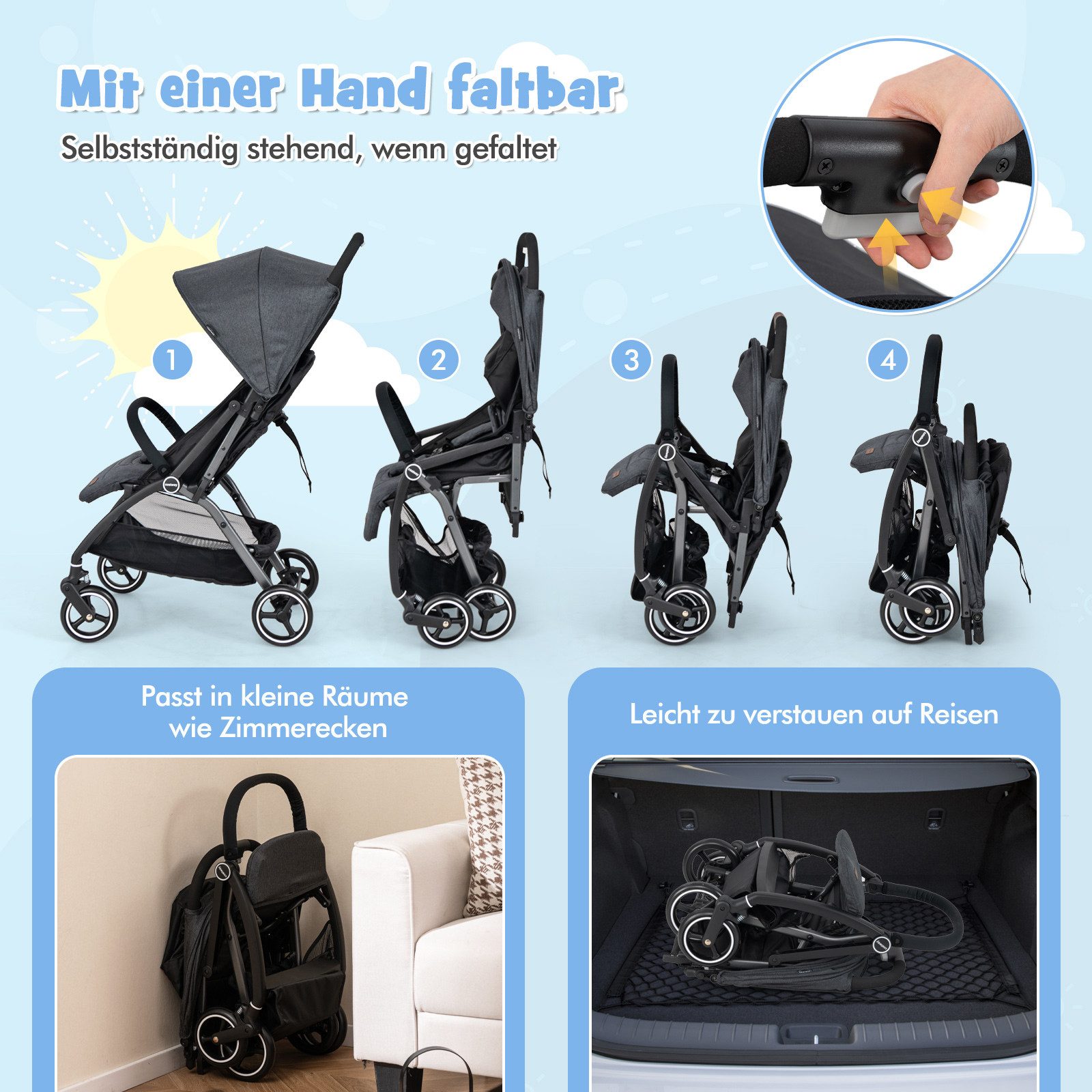 COSTWAY Kinder-Buggy, Kinderwagen klappbar, verstellbar