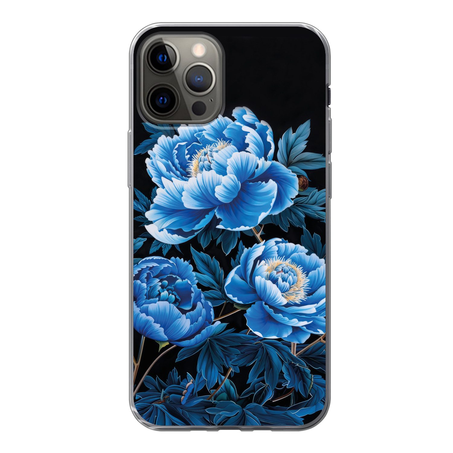 MuchoWow Handyhülle für Apple iPhone 12 Pro Blumen - Schwarz - Blau - Modern, Smartphone-Bumper, Print, Handy Schutzhülle Dünn