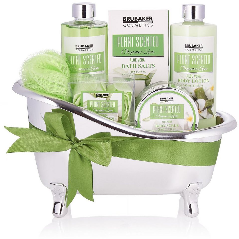 BRUBAKER Pflege-Geschenkset Wellness Geschenkset für Frauen mit Aloe Vera Duft, Silber Grün, 7-tlg., Beauty Dusch- und Badeset für Damen, Pflegeset in Deko Badewanne