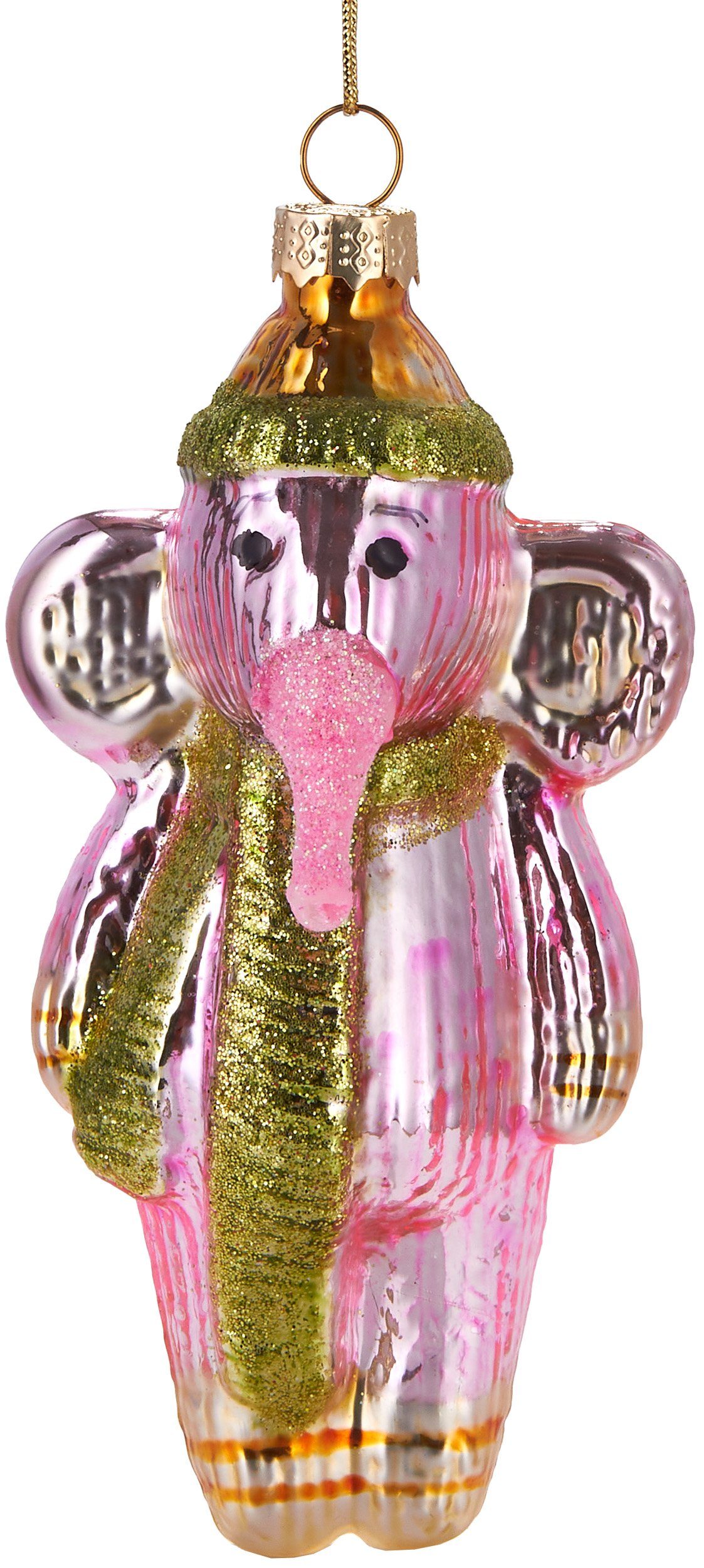 BRUBAKER Christbaumschmuck Handbemalte Weihnachtskugel Rosa Elefant mit Mütze, Tier Weihnachtsanhänger aus Glas, mundgeblasenes Unikat, lustige Baumkugel - 13 cm