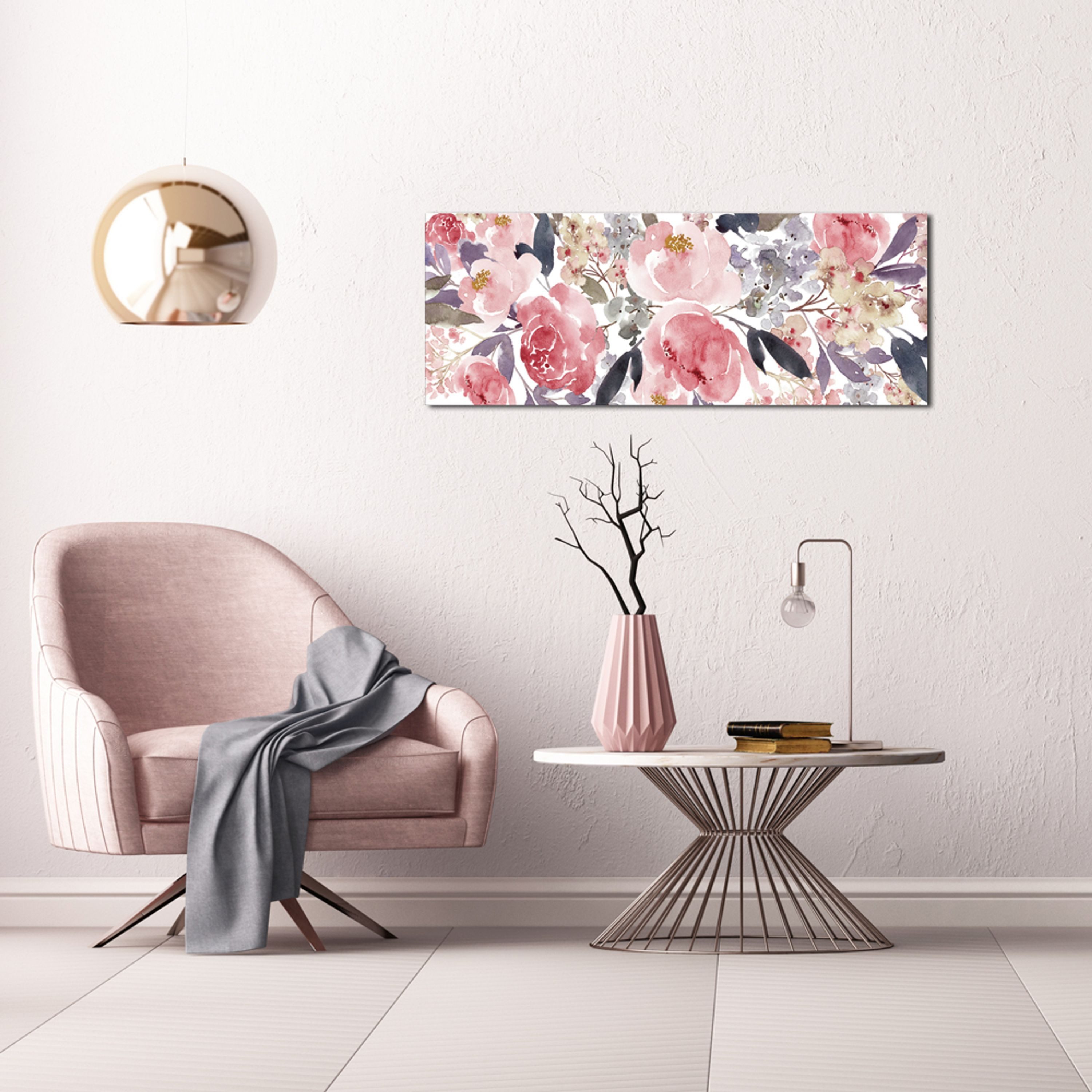 artissimo Glasbild Bild aus Glas 80x30 cm / Wandbild Querformat / Wanddeko modern, Kunst: Aquarell Blumen rosa