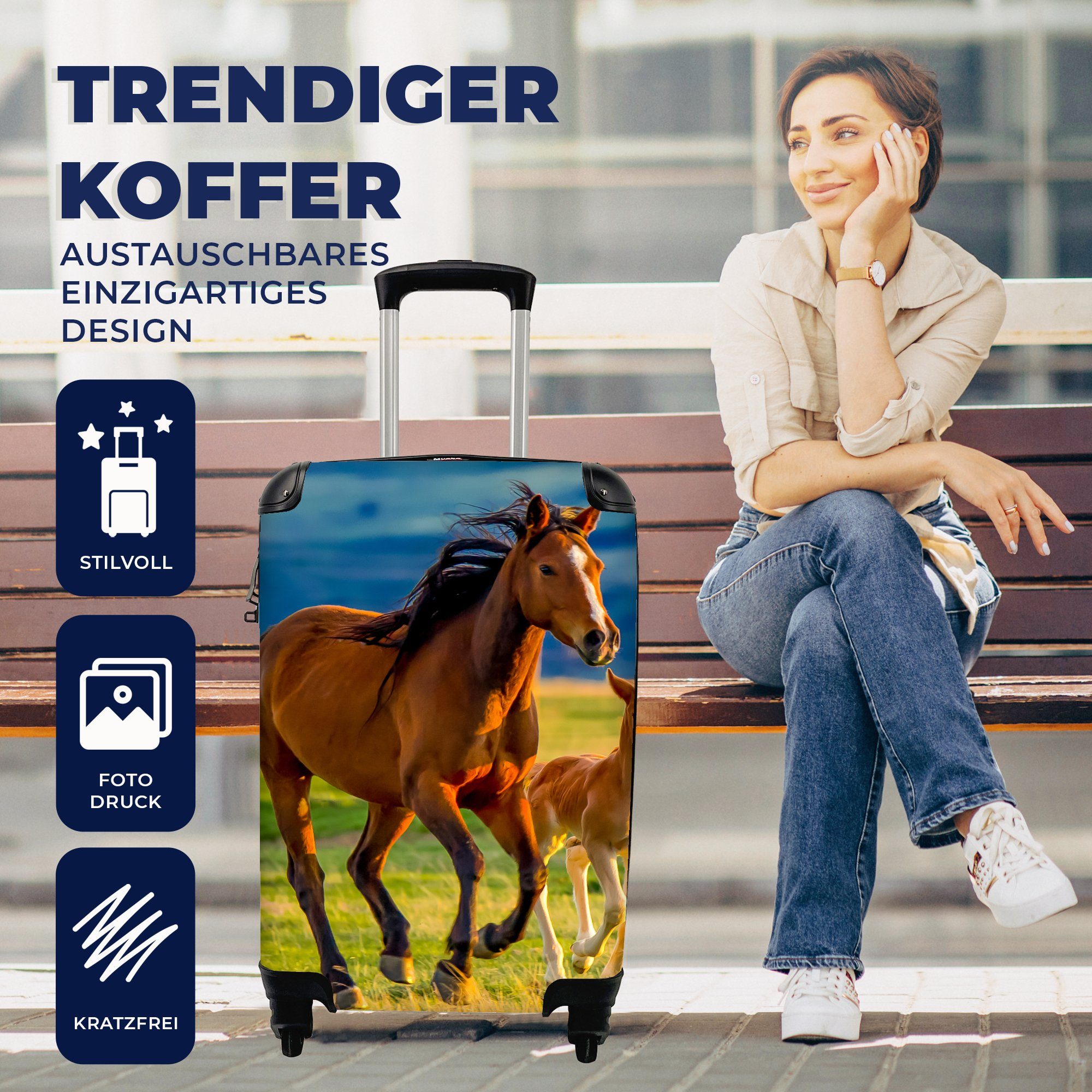 Reisetasche - - - Trolley, Tiere MuchoWow Natur, - Ferien, für Gras 4 Rollen, Handgepäckkoffer Pferde Handgepäck Reisekoffer mit Landschaft rollen,