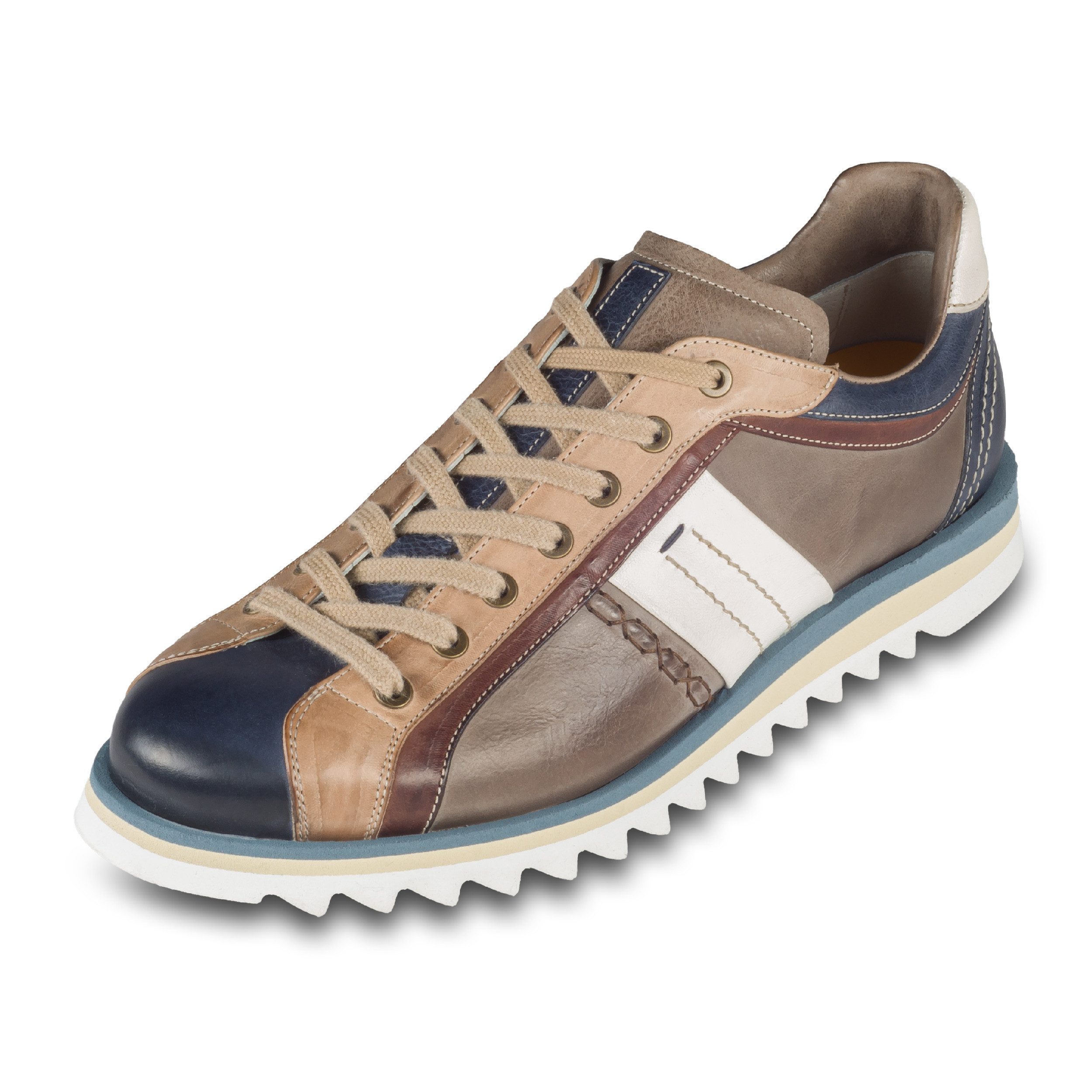 Lorenzi Herren Leder-Sneaker aus Kalbsleder, braun / blau / cremeweiß Sneaker Handgefertigt in Italien