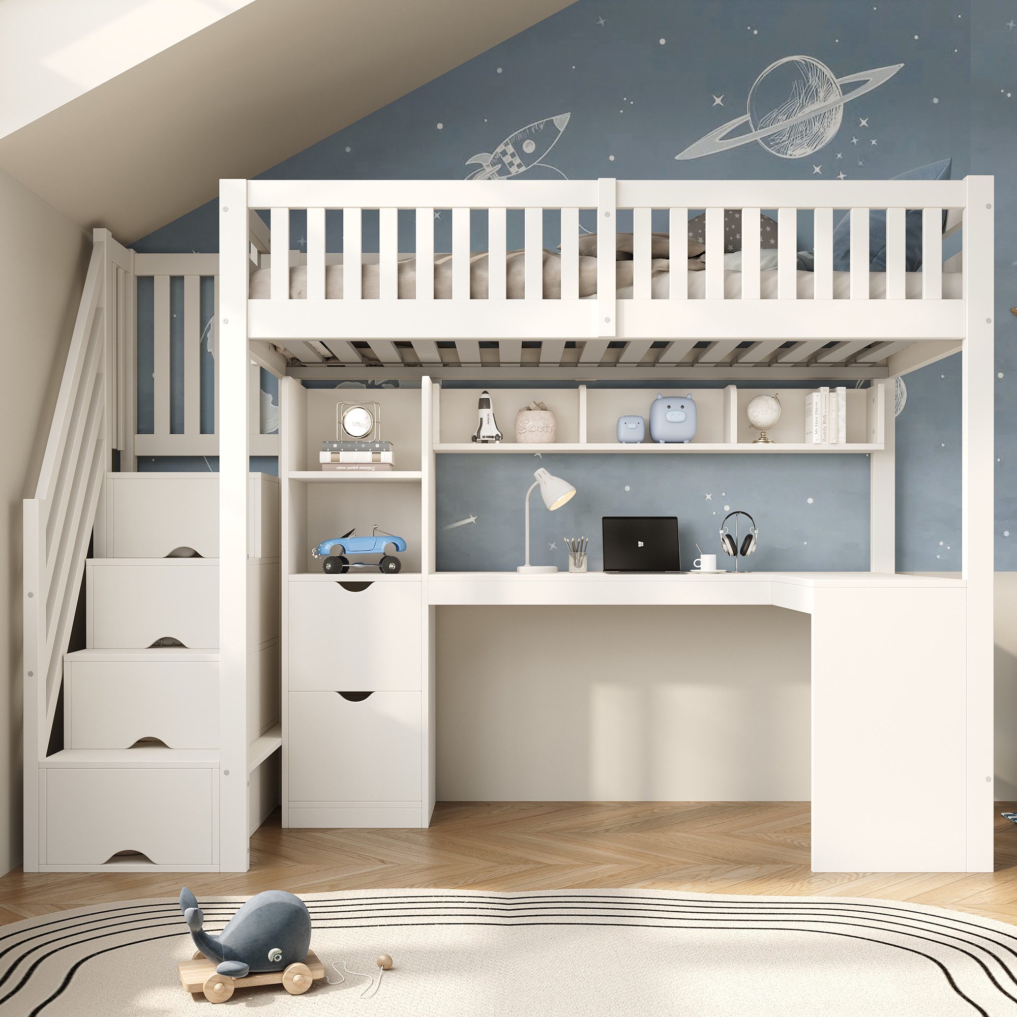 MODFU Hochbett Hochbett 90x200 cm mit Treppenschrank & Eckschreibtisch, Weiß (Packung, 1-St., platzsparendes Holzbett für Kinder und Jugendliche) mit Stauraum und Schubladen (ohne Matratze)