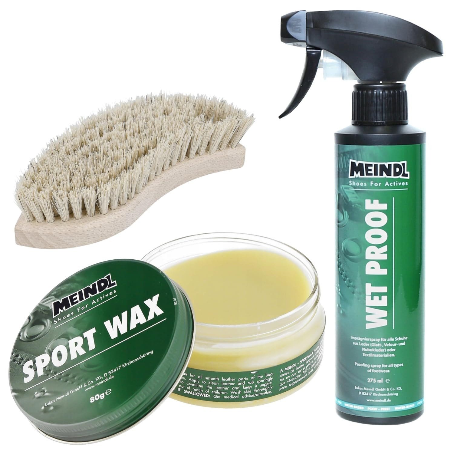 Meindl LederPack, Sportwax + Wet-Proof Imprägnierer + Lederbürste Schuh-Imprägnierspray, Meindl Sportwax + Meindl Wet-Proof Imprägnierer + Lederbürste
