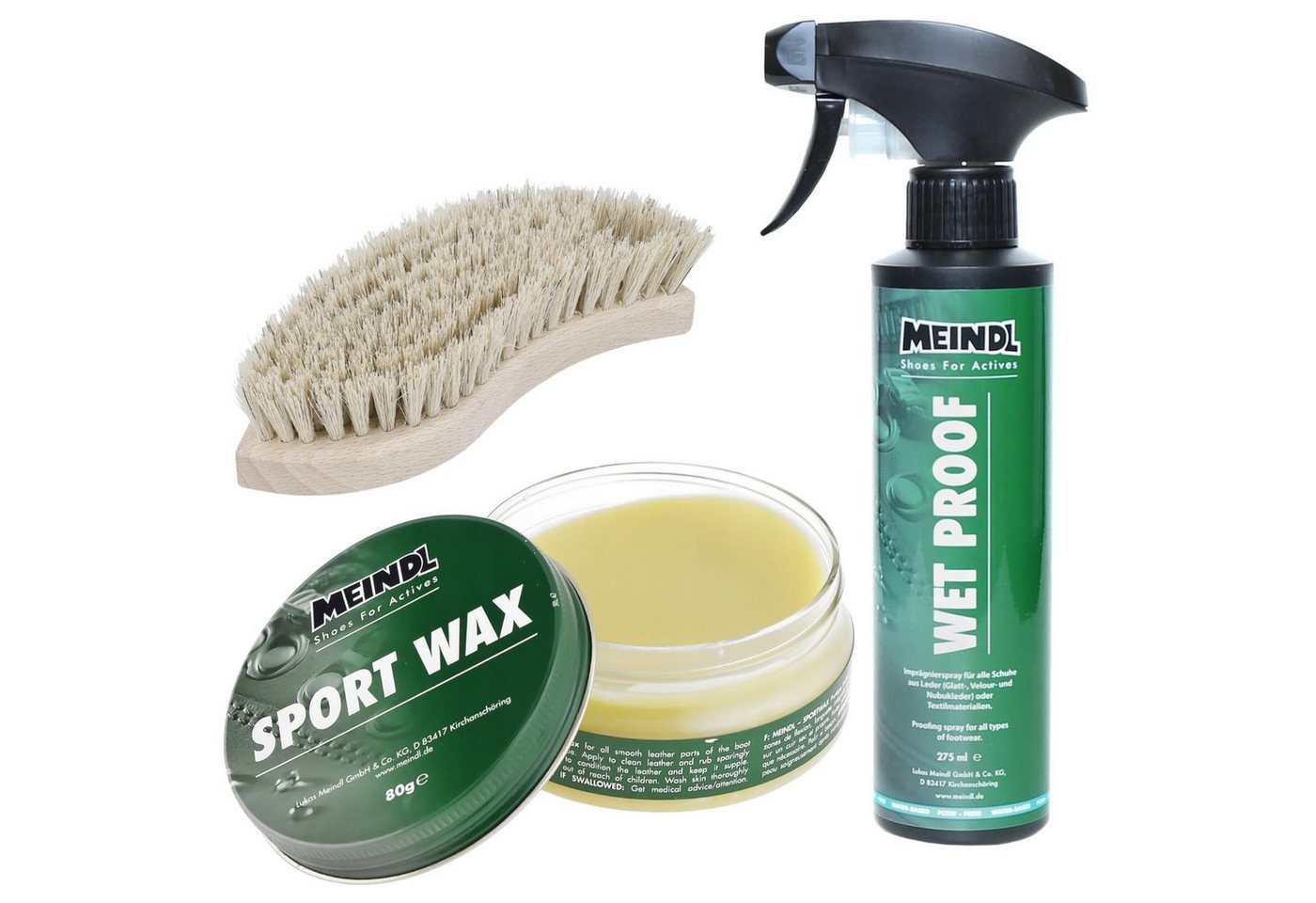 Meindl LederPack, Sportwax + Wet-Proof Imprägnierer + Lederbürste Schuh-Imprägnierspray, Meindl Sportwax + Meindl Wet-Proof Imprägnierer + Lederbürste