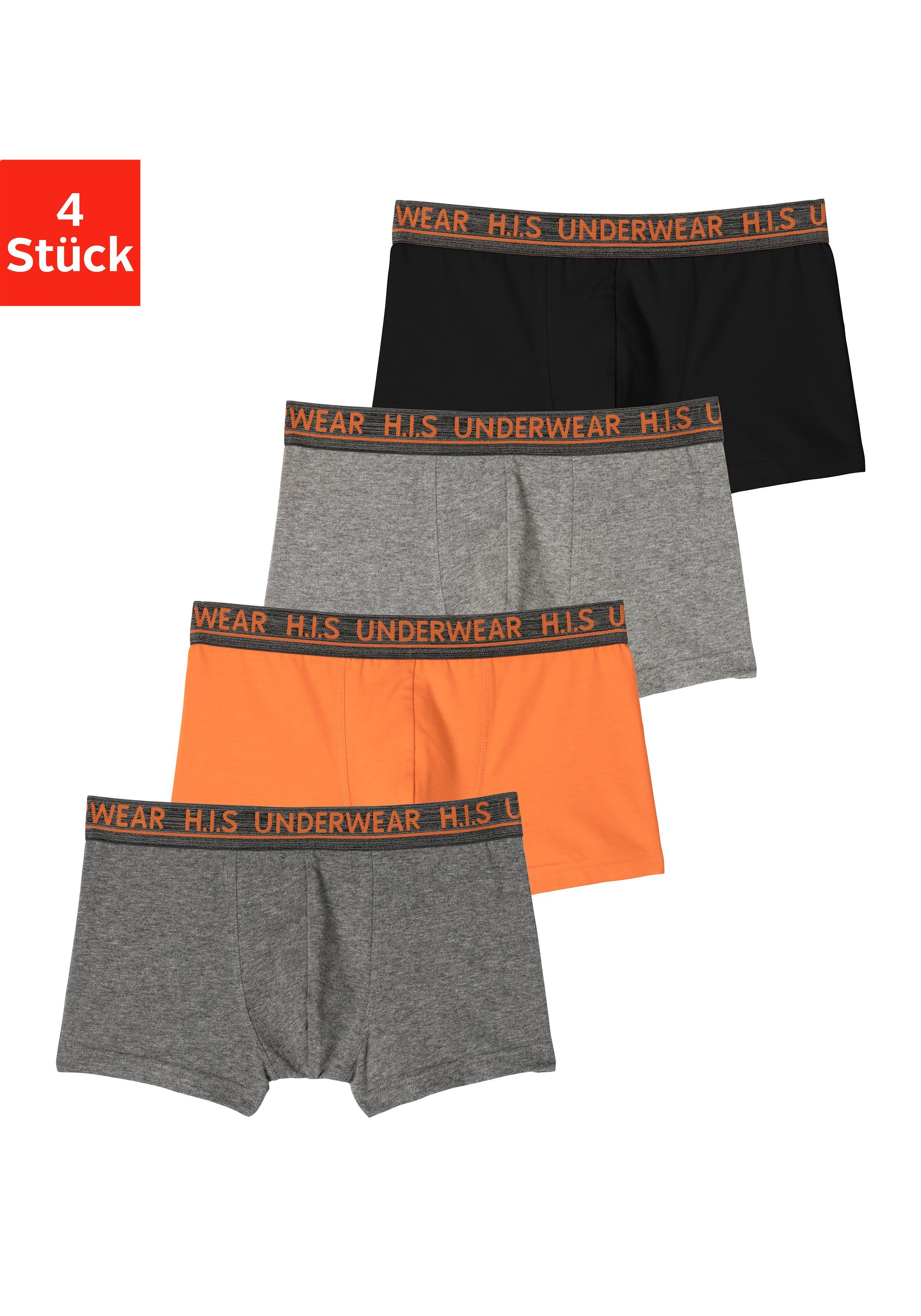 H.I.S Boxer (Packung, 4-St) für mit Logo anthrazit-meliert, grau-meliert Jungen schwarz, Webbund orange, meliertem