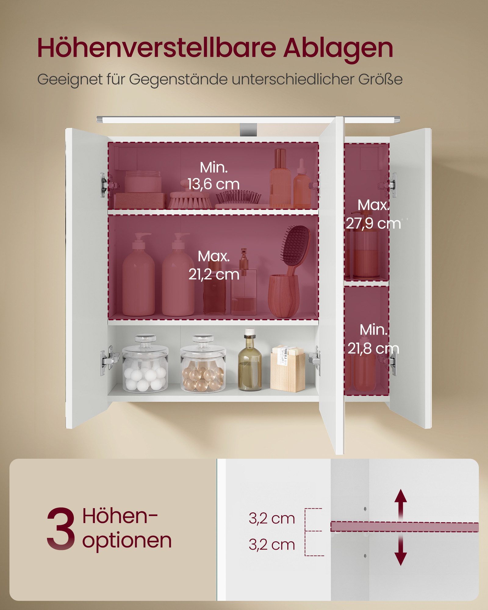 VASAGLE Spiegelschrank Hängeschrank mit verstellbaren Ablagen Beleuchtung, 3 Türen, modern, 15 x 60 x 55 cm, weiß